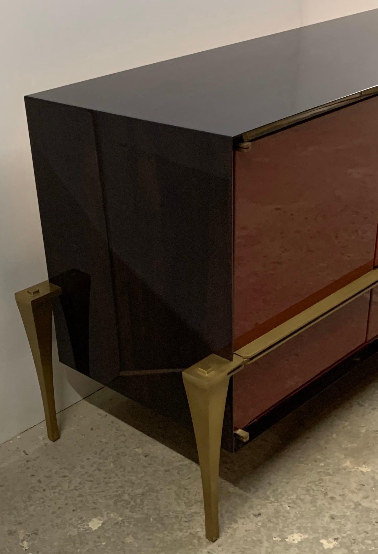 Wonderful Red Lacquered Australian Walnut Bronze Lorin Marsh Credenza Cabinet In Good Condition In Roslyn, NY