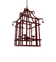 Wonderful Red Lacquered  Pagoda Bamboo Chinoiserie Lantern Fixture Chandelier