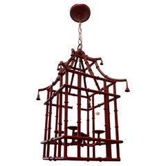 Wonderful Red Lacquered  Pagoda Bamboo Chinoiserie Lantern Fixture Chandelier