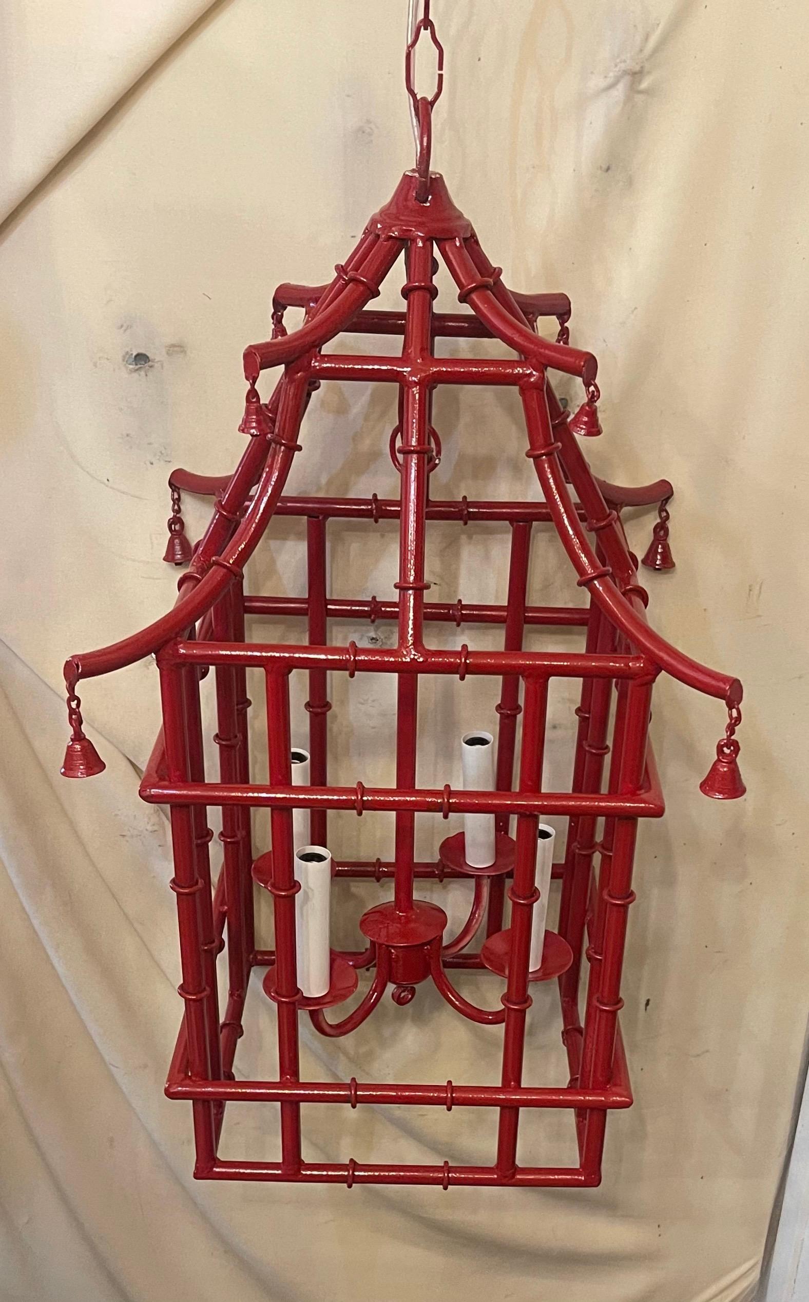 Italian Wonderful Red Lacquered  Pagoda Bamboo Chinoiserie Lantern Fixture Chandelier For Sale