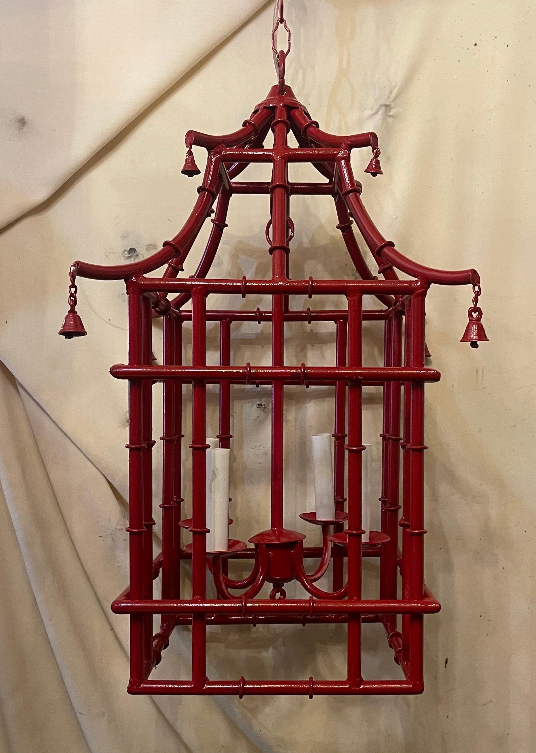 Painted Wonderful Red Lacquered  Pagoda Bamboo Chinoiserie Lantern Fixture Chandelier For Sale