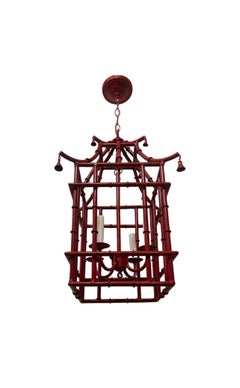 Merveilleux rouge laqué  Pagode Bambou Chinoiserie Lanterne Lustre