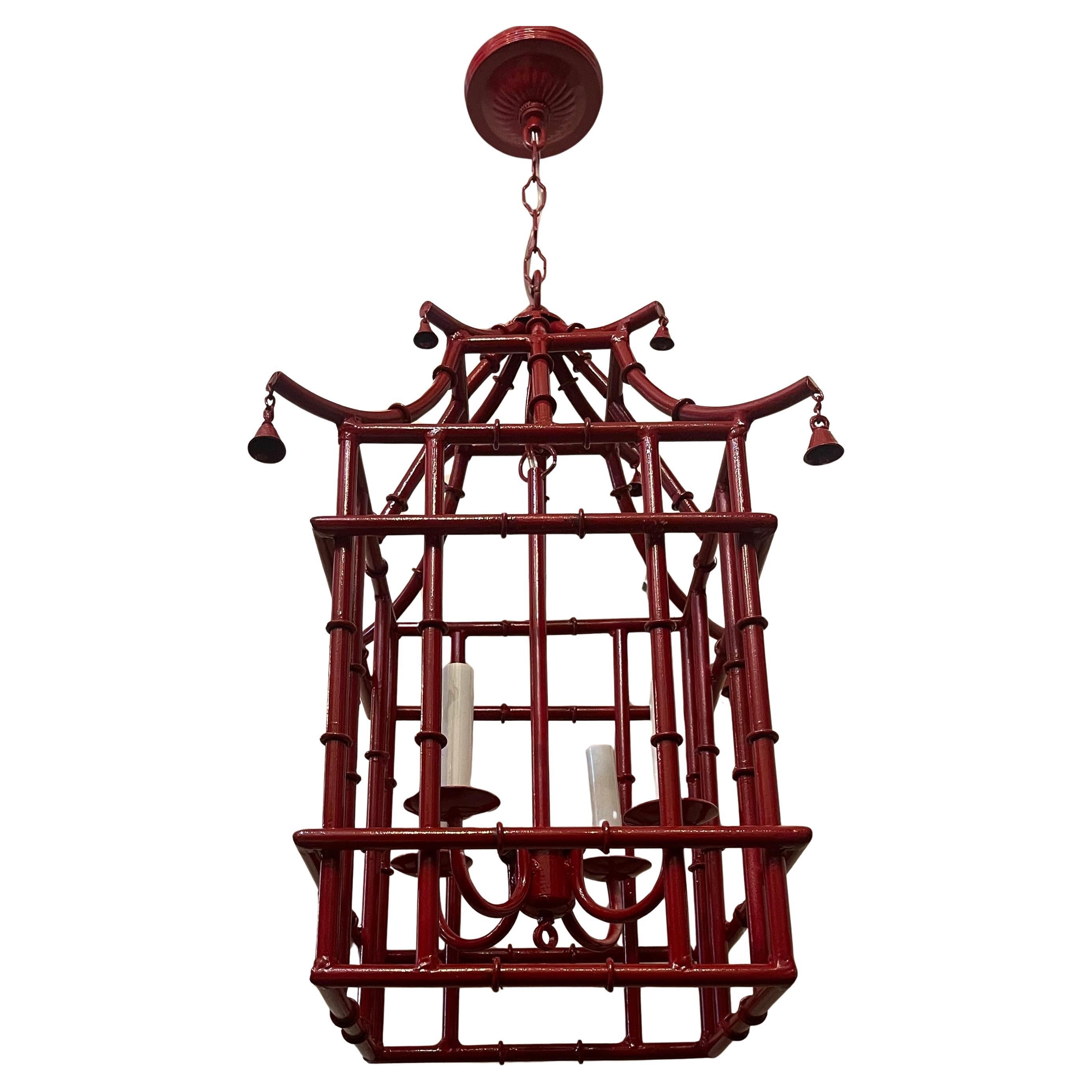 Wonderful Red Lacquered  Pagoda Bamboo Chinoiserie Lantern Fixture Chandelier For Sale