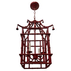 Wonderful Red Lacquered  Pagoda Bamboo Chinoiserie Lantern Fixture Chandelier