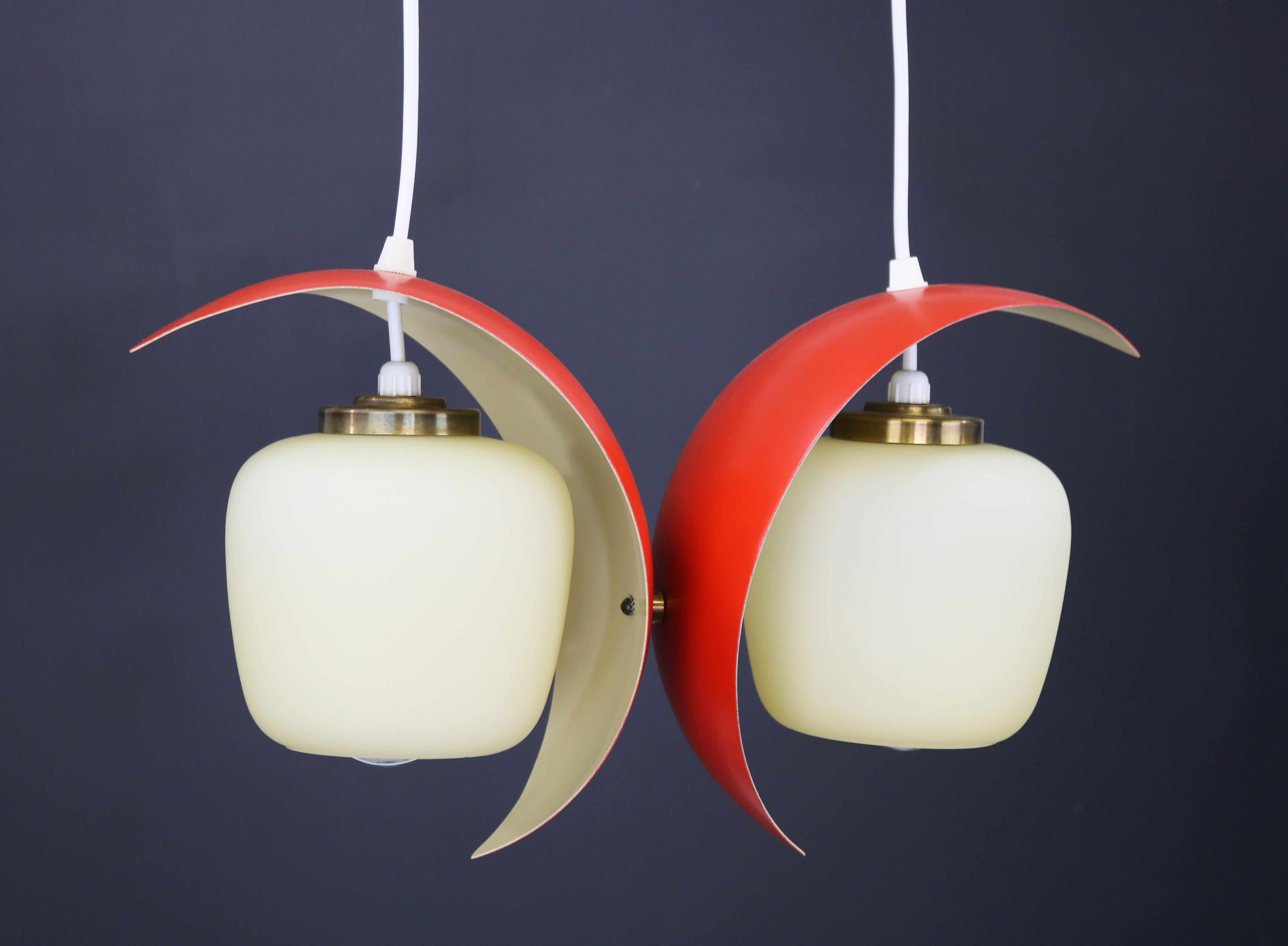 Danish Wonderful Red Pair of Mid-Century Pendant, Bent Karlby Style, 1950s  For Sale