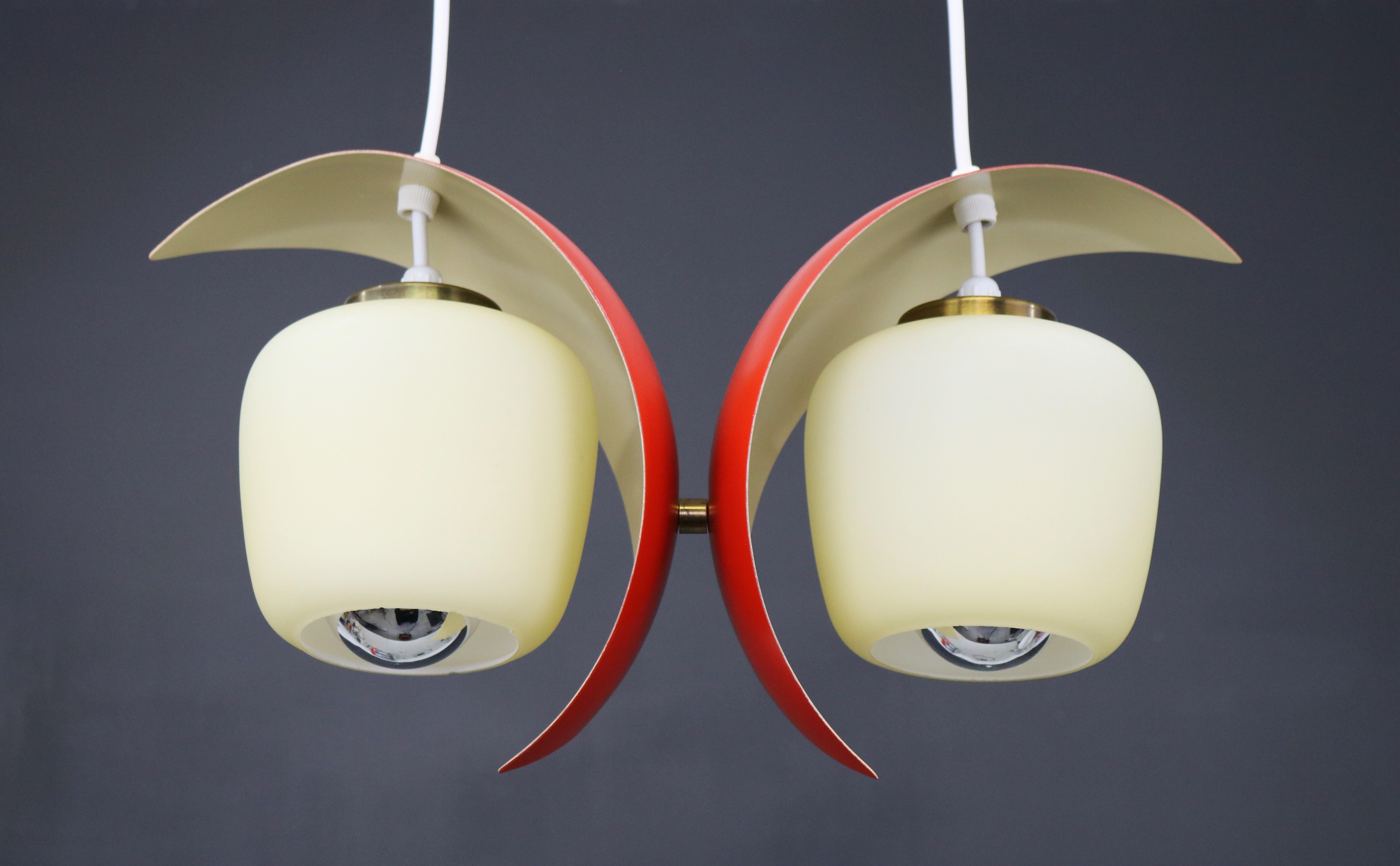 Wonderful Red Pair of Mid-Century Pendant, Bent Karlby Style, 1950s  In Good Condition For Sale In Roosdaal, BE