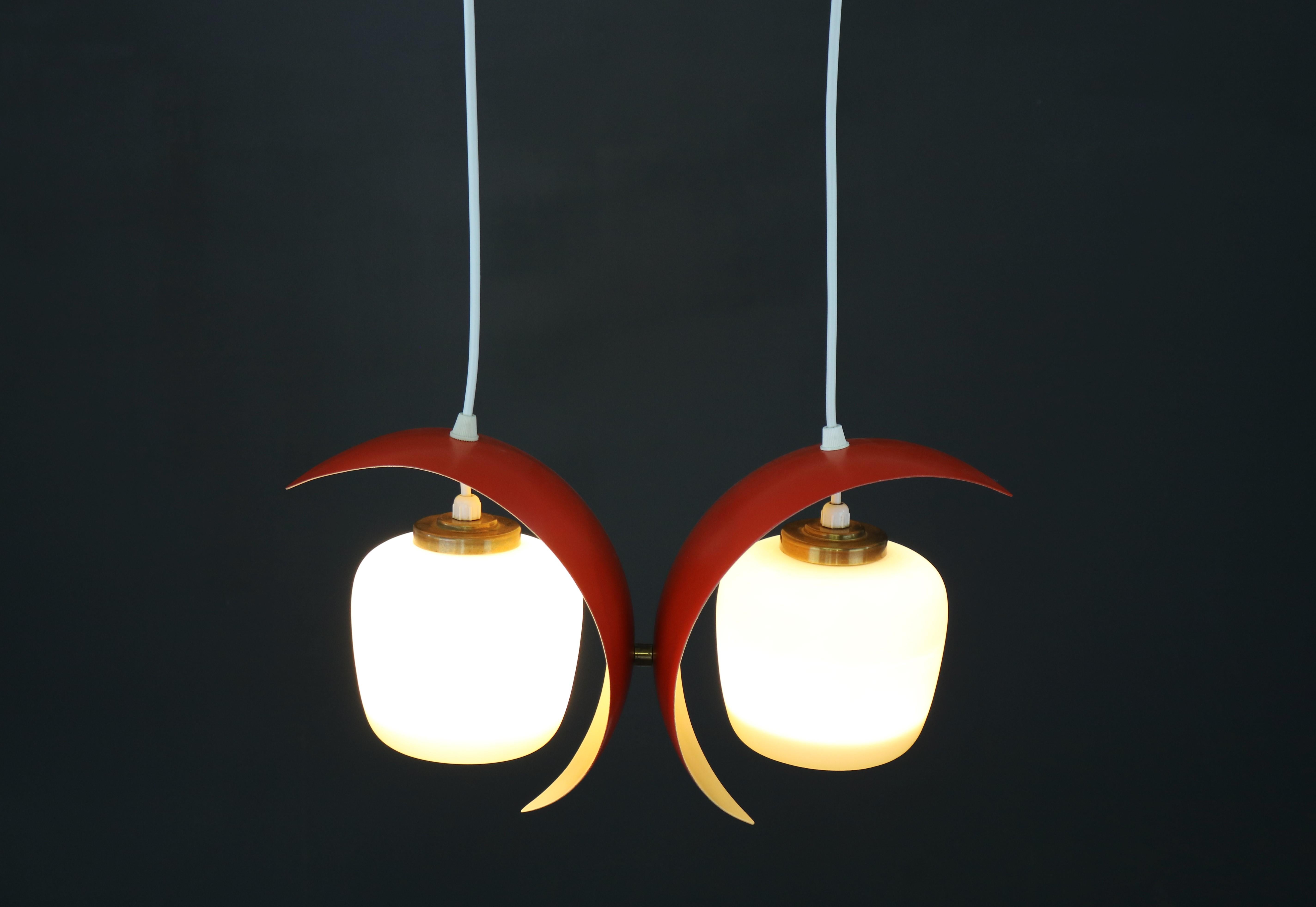 Metal Wonderful Red Pair of Mid-Century Pendant, Bent Karlby Style, 1950s  For Sale