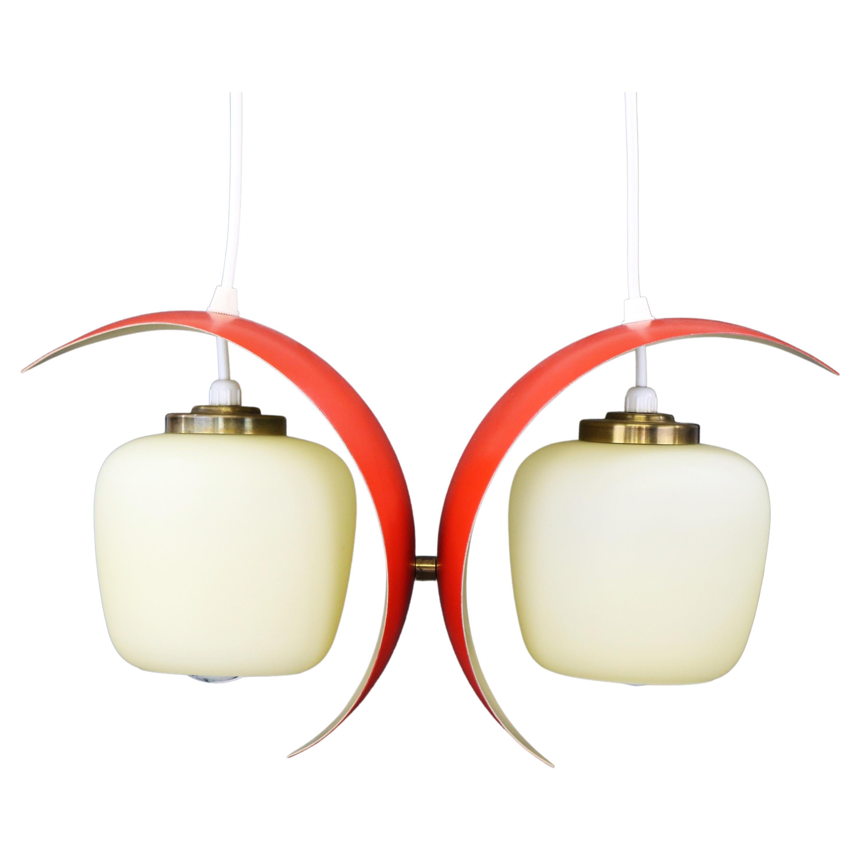 Wonderful Red Pair of Mid-Century Pendant, Bent Karlby Style, 1950s  For Sale