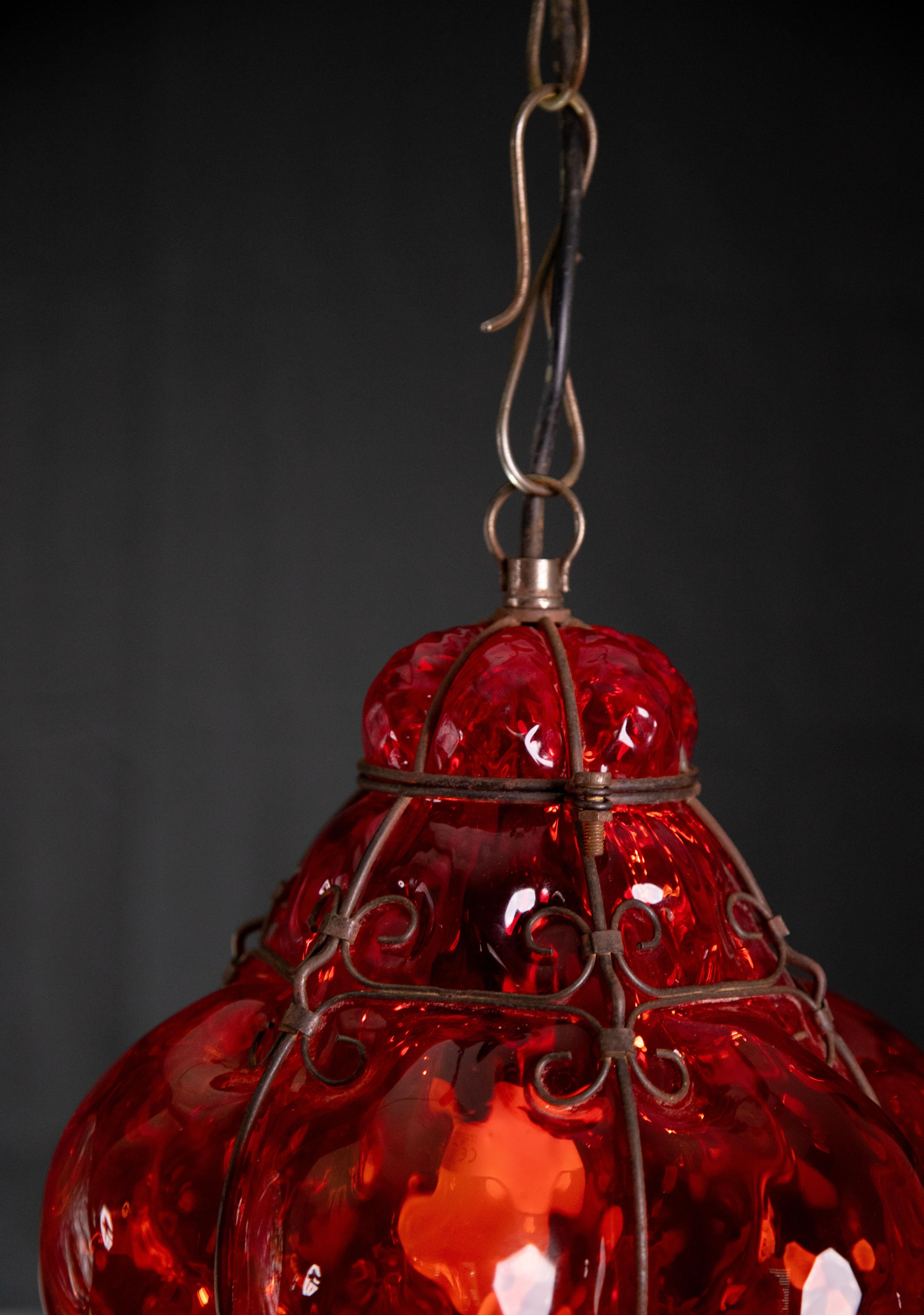 Wonderful Red Venetian Lantern, Seguso Murano Glass, Italy, 1950s 7