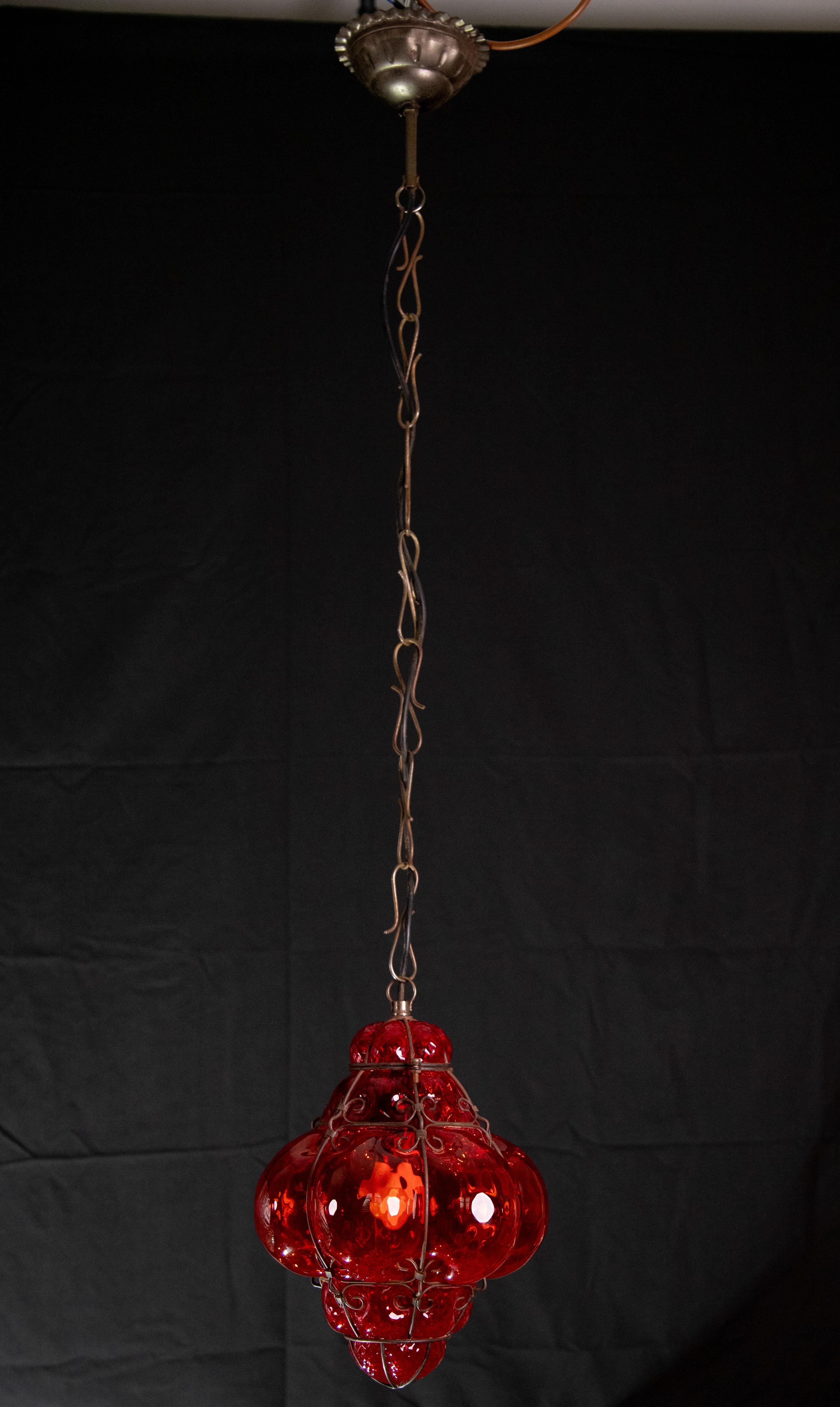 Wonderful Red Venetian Lantern, Seguso Murano Glass, Italy, 1950s 4