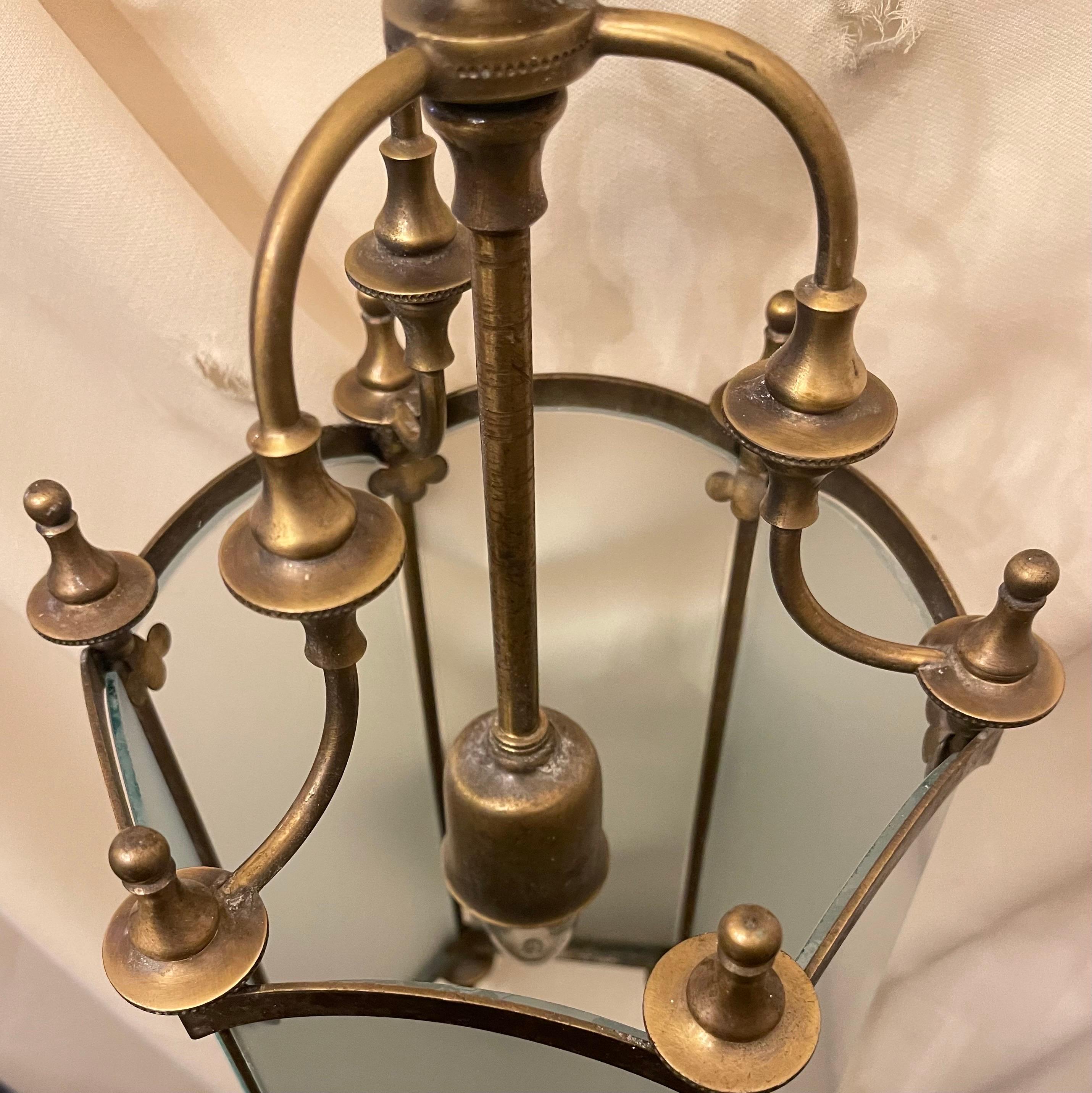 20th Century Wonderful Regency Bronze Brass Frosted Glass Hexagon Finial Lantern Fixture For Sale