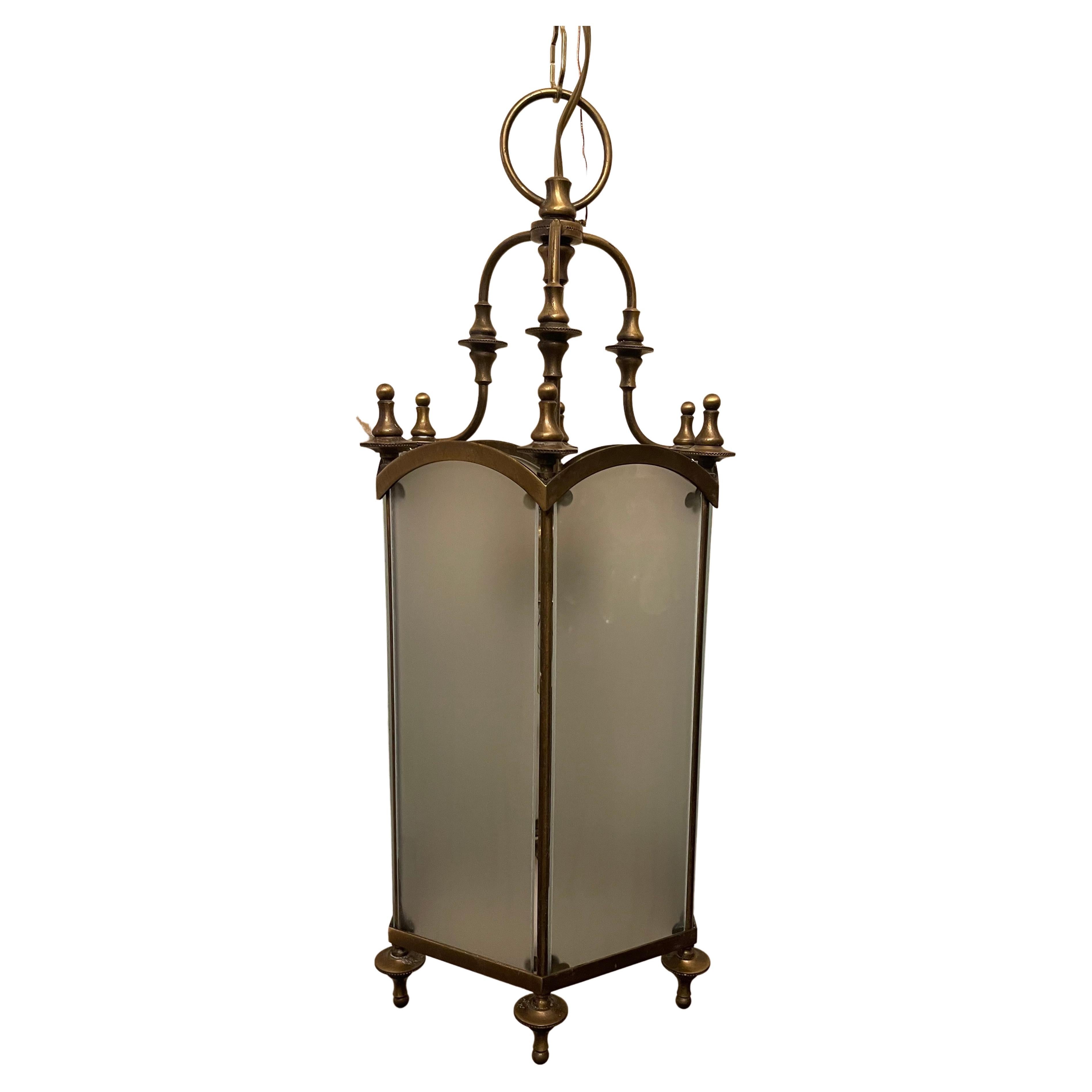 Wonderful Regency Bronze Brass Frosted Glass Hexagon Finial Lantern Fixture For Sale
