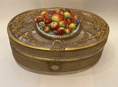 Wunderschöne Regency Empire Ormolu Bronze Kristall Porzellan Oval Schmuckkästchen Truhe