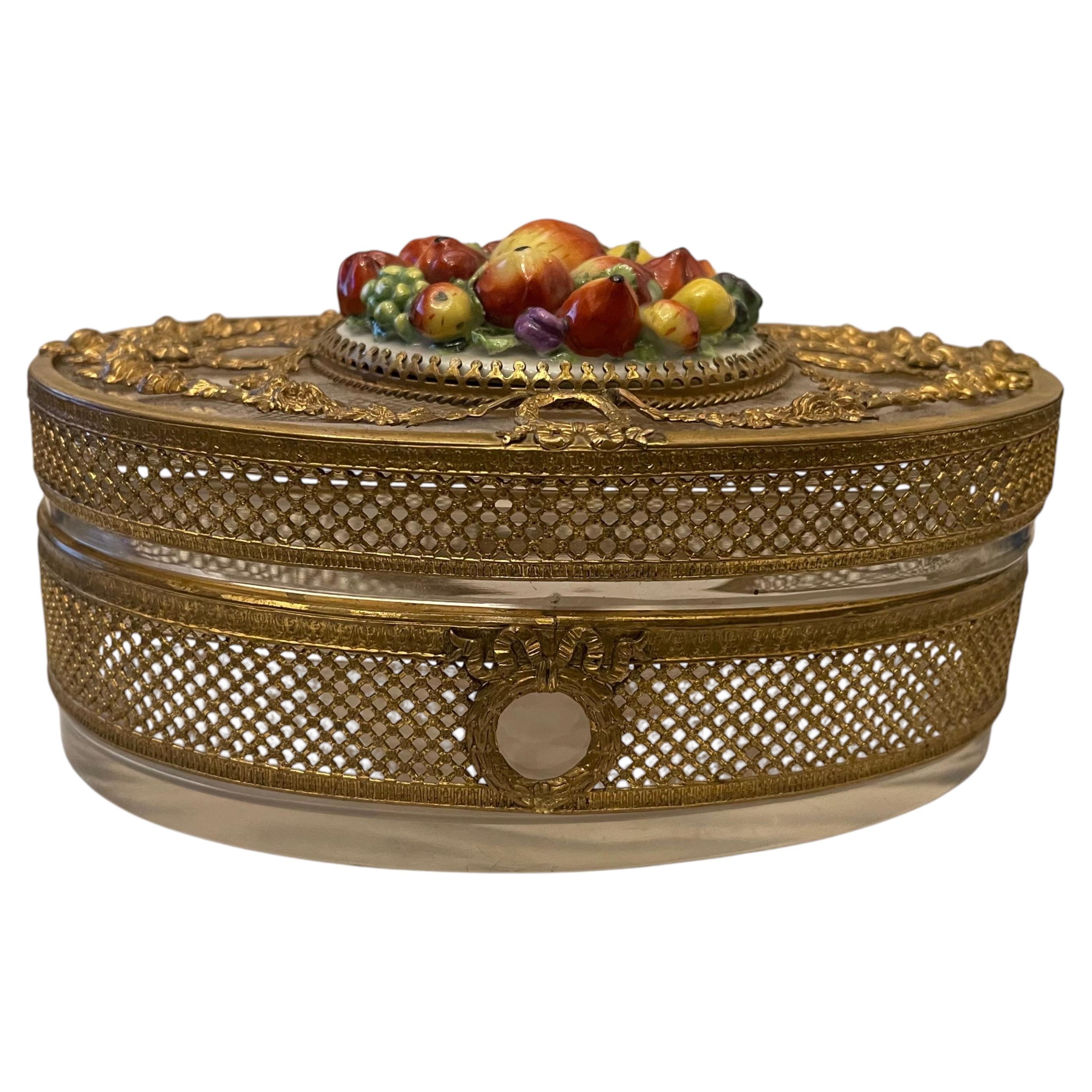 Wonderful Regency Empire Ormolu Bronze Crystal Porcelain Oval Jewelry Box Chest