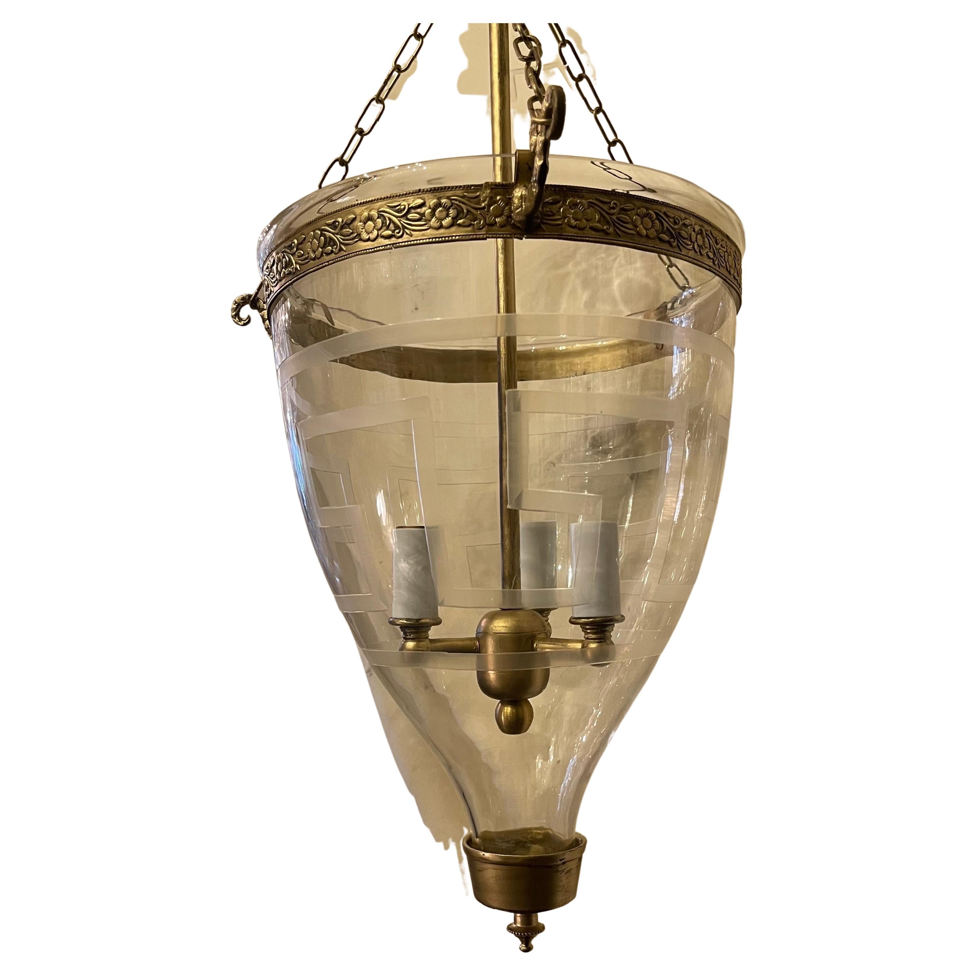 A Wonderful Regency / Neoclassical Three Candelabra Light Vaughan Bell Jar Glass & Brass Lantern With Greek Key Pattern Etched On Both The Bell And Top Glass Shade

Rewired And Ready To Install With Chain And Canopy  