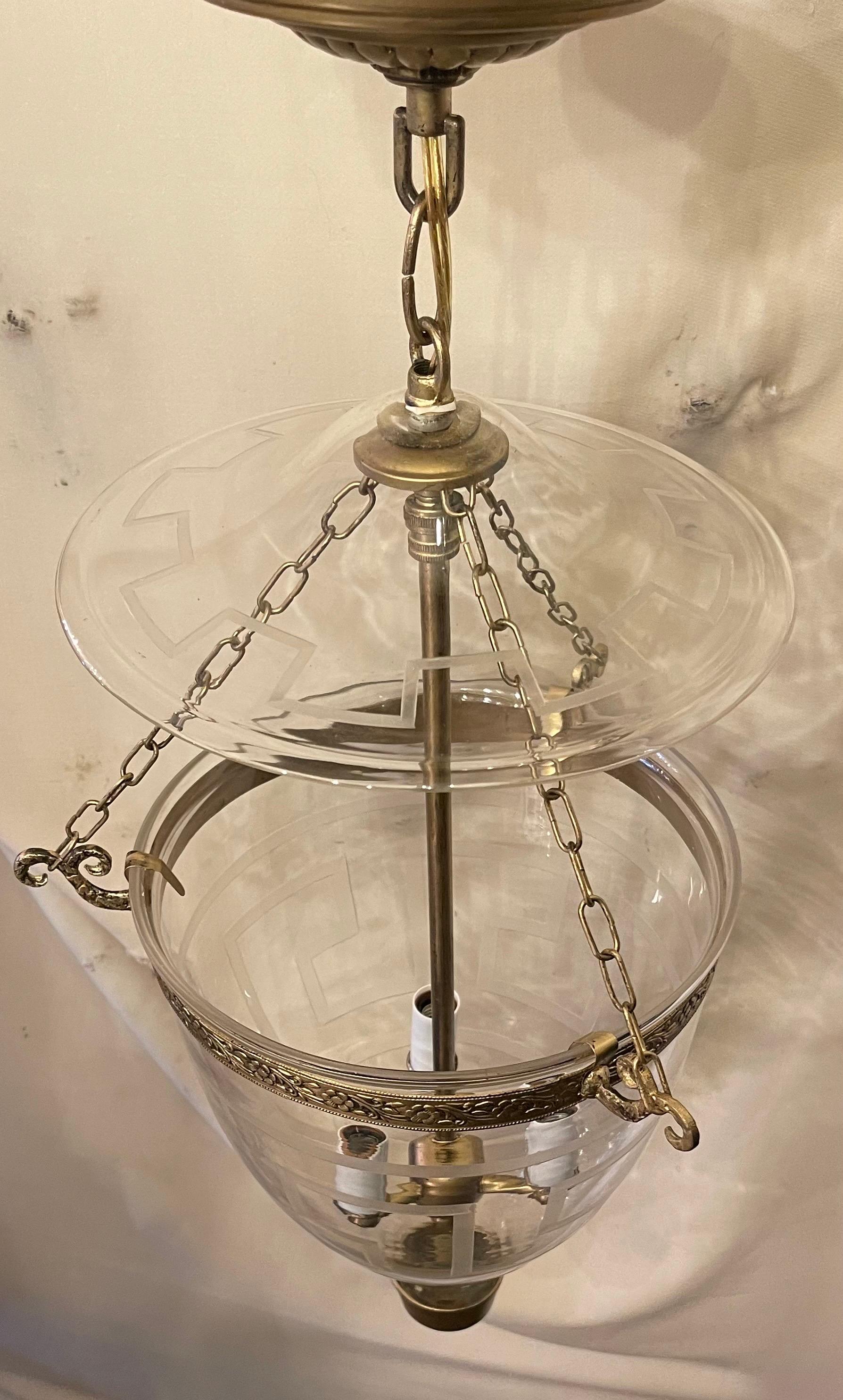 Neoclassical Wonderful Regency Three-Light Vaughan Bell Jar Glass & Brass Lantern Greek Key  For Sale