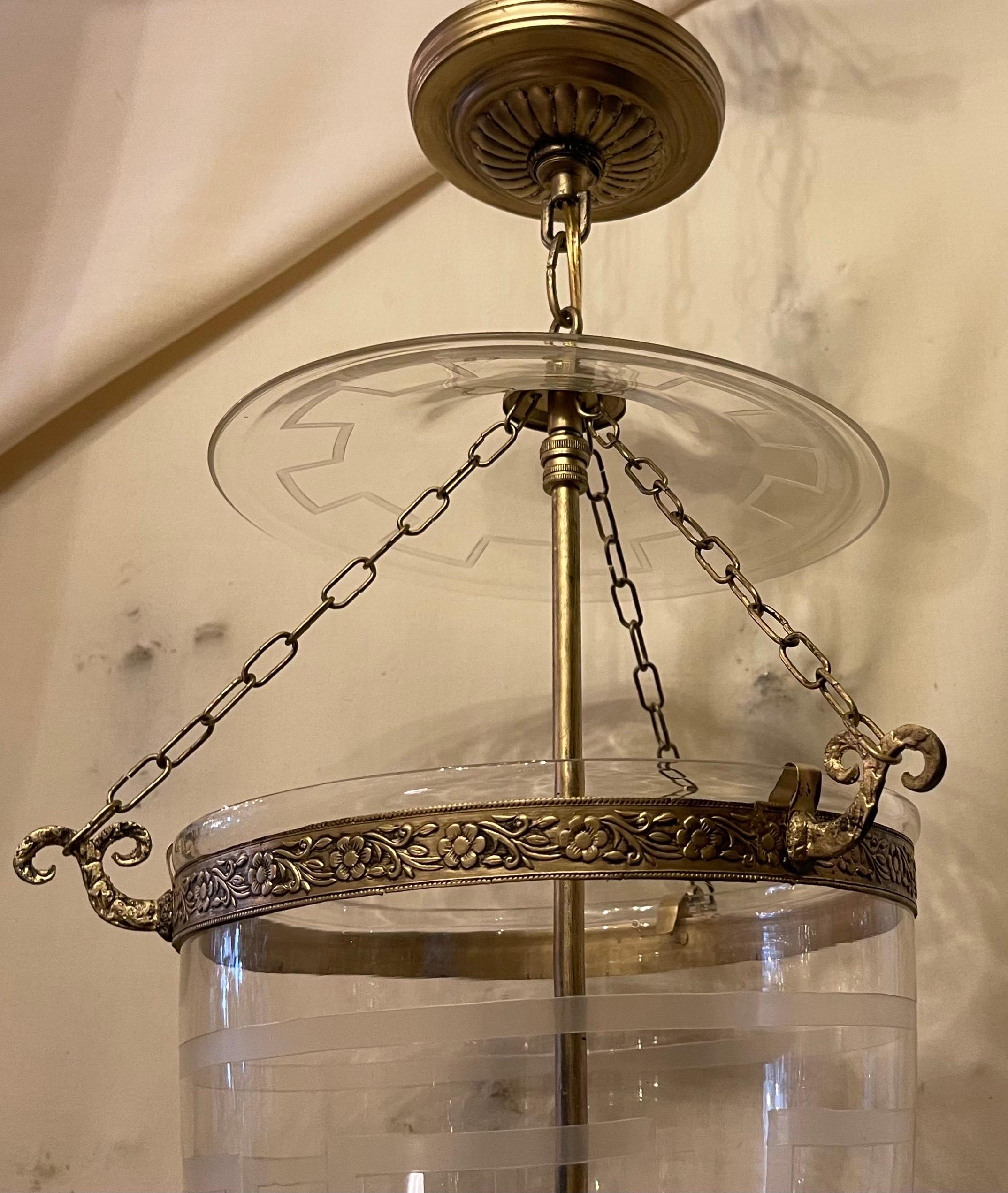 Etched Wonderful Regency Three-Light Vaughan Bell Jar Glass & Brass Lantern Greek Key  For Sale