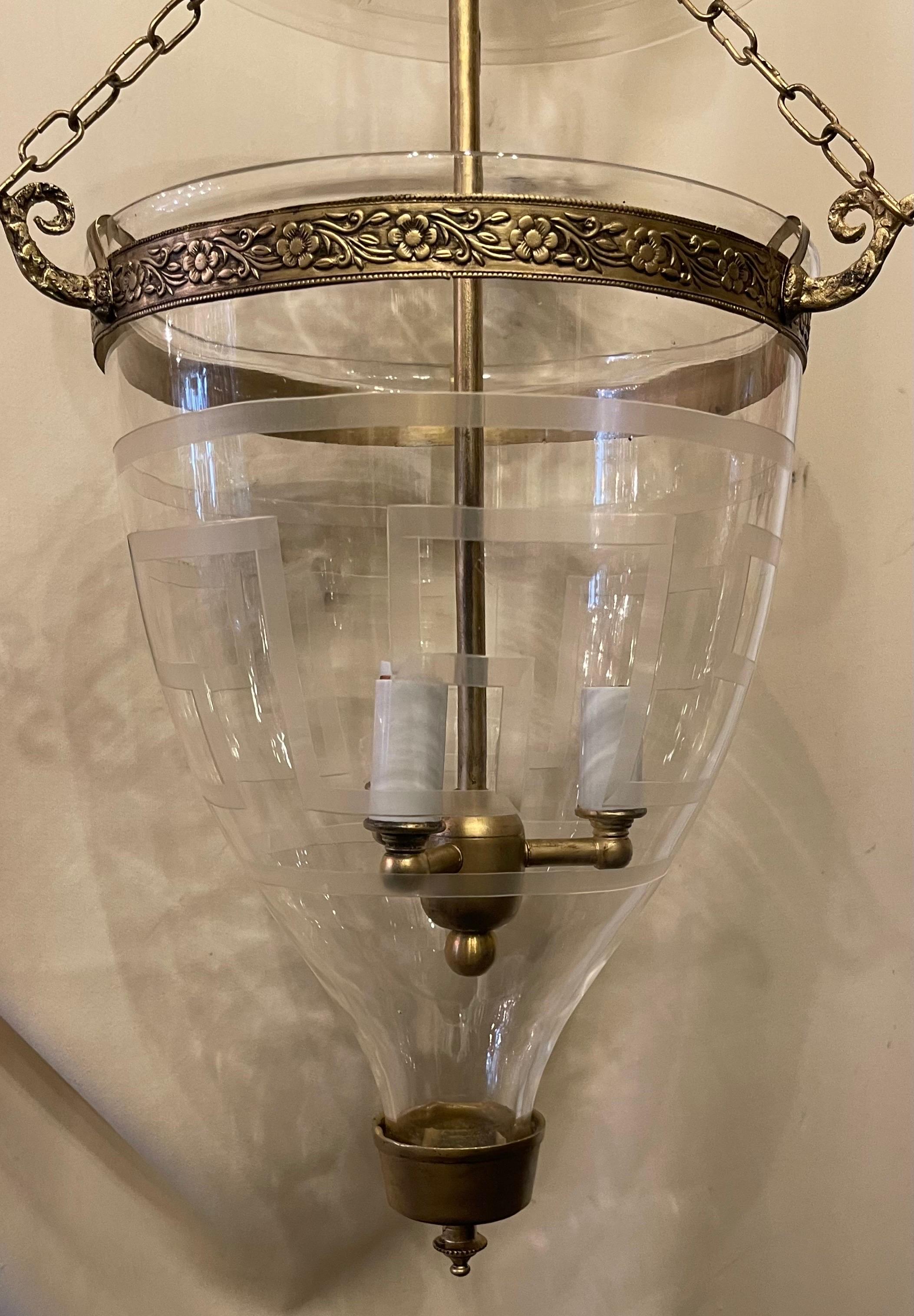 Wonderful Regency Three-Light Vaughan Bell Jar Glass & Brass Lantern Greek Key  In Good Condition For Sale In Roslyn, NY