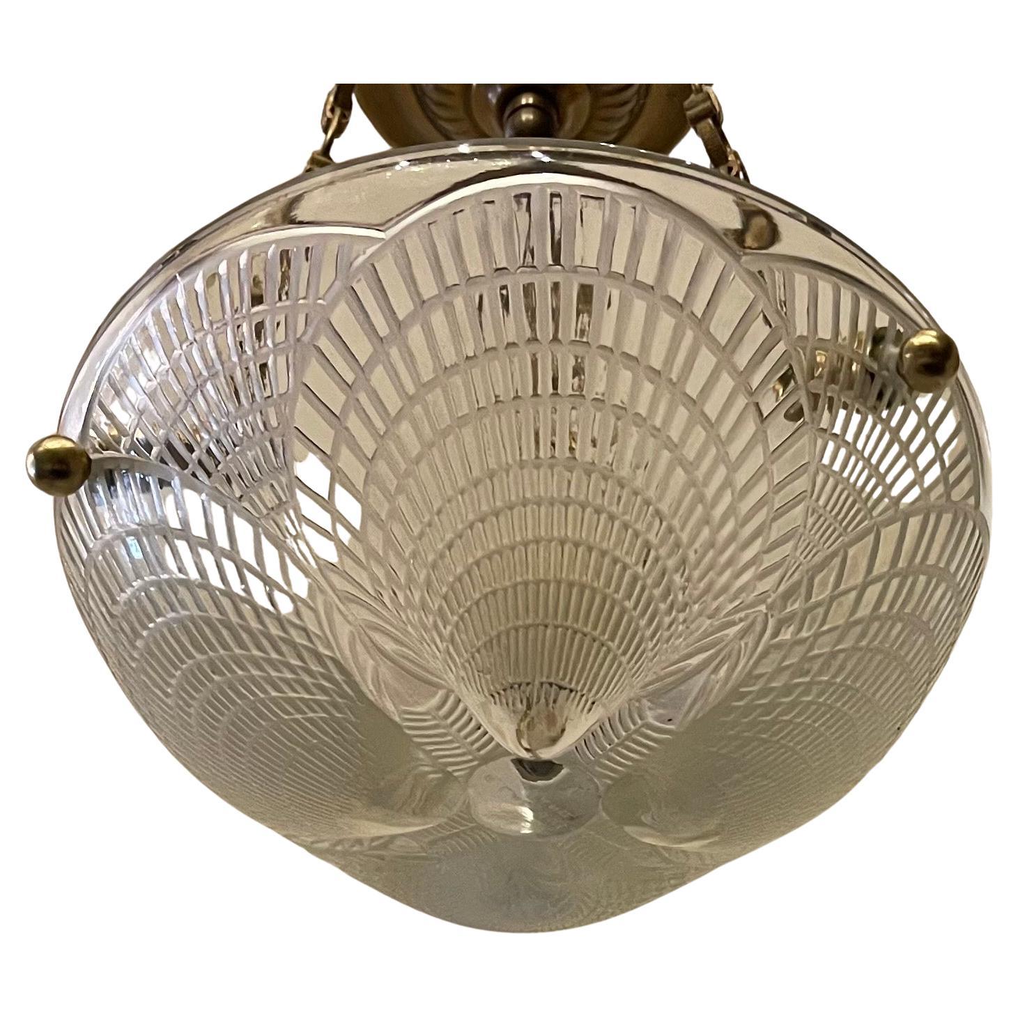 A Wonderful (René) R. Lalique Coquilles Art Deco Crystal Bowl Ceiling Fixture Chandelier With New Candelabra Socket.
Signed On The Center  
