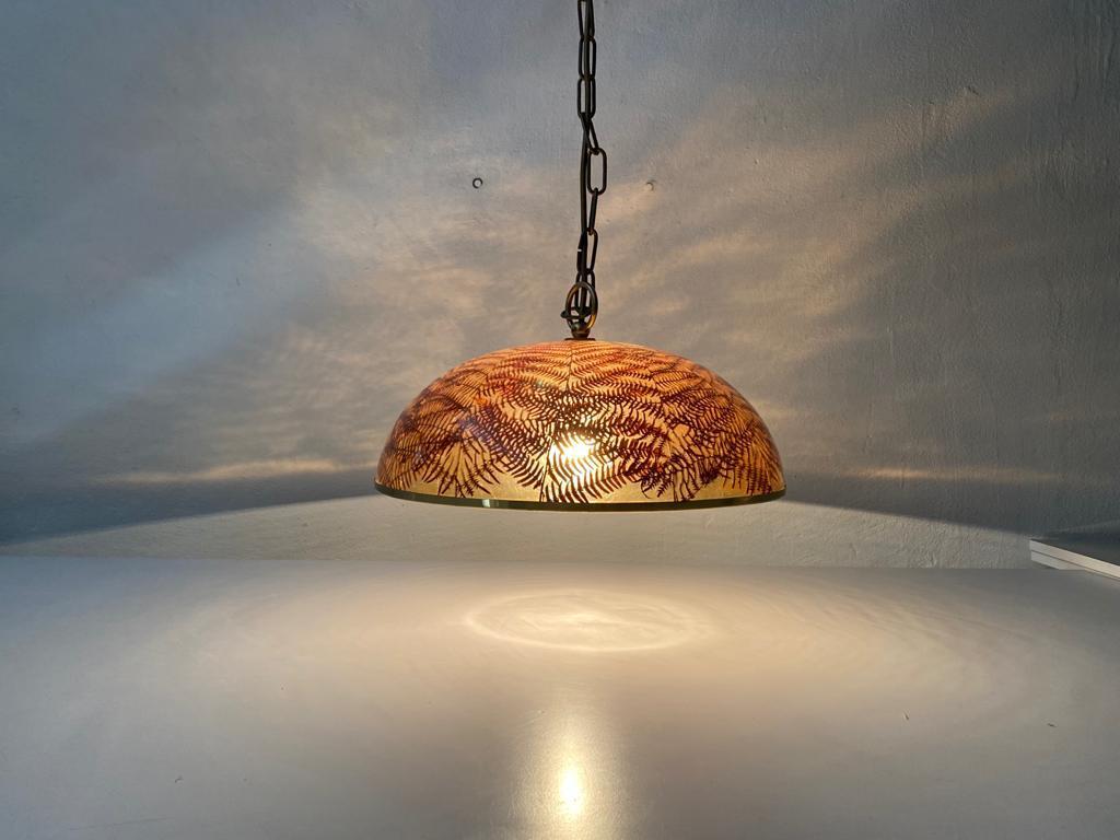 Brass Wonderful Resin Shade with Real Leafs Pendant Lamp, 1970s Italy