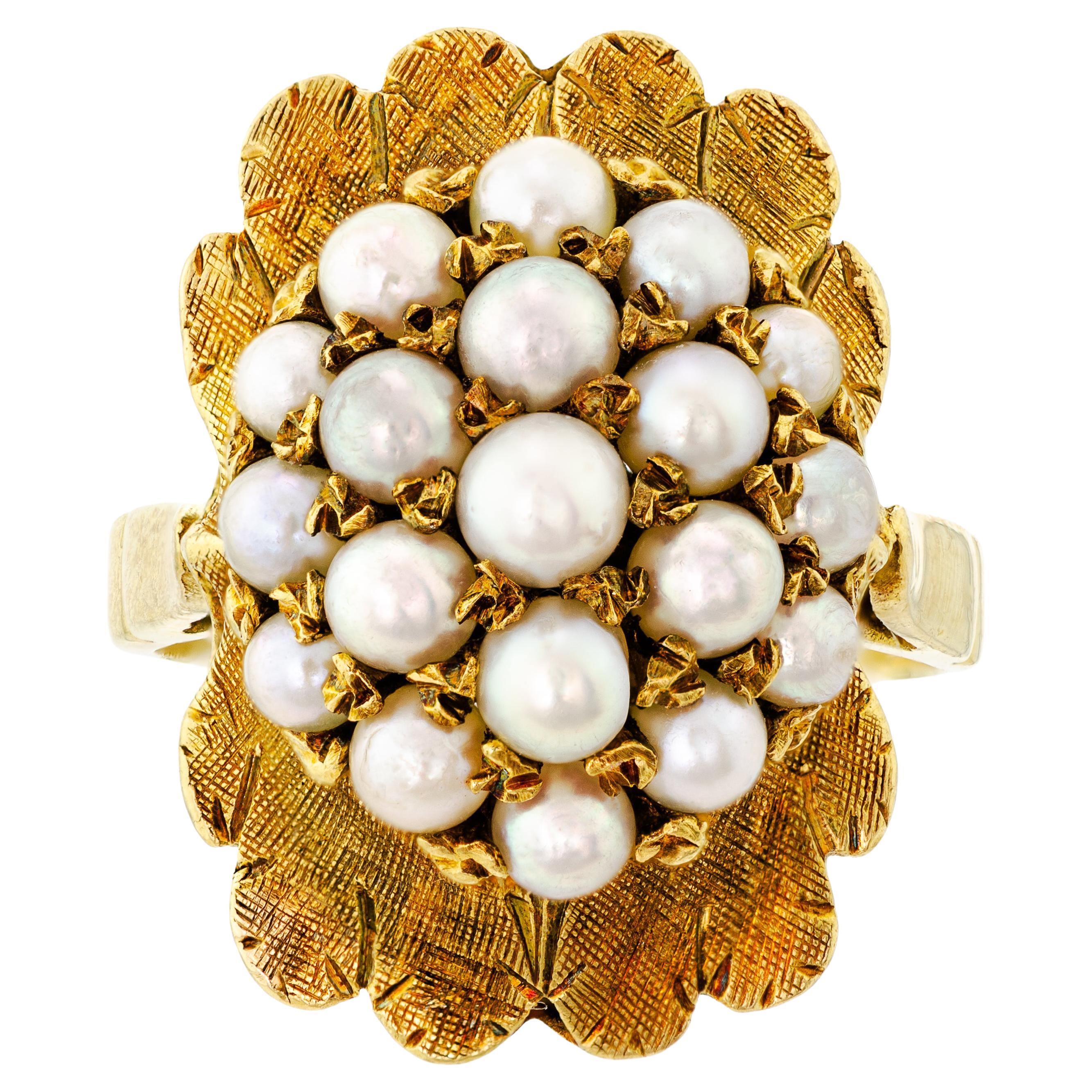 Wonderful Retro Circa 1945 Dome Bombe Style Cultured Pearl and 14Kt Yellow Gold  For Sale