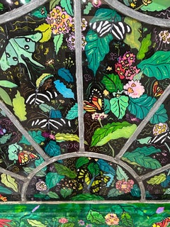 Wonderful Reverse Painting on Glass Window of Butterflies