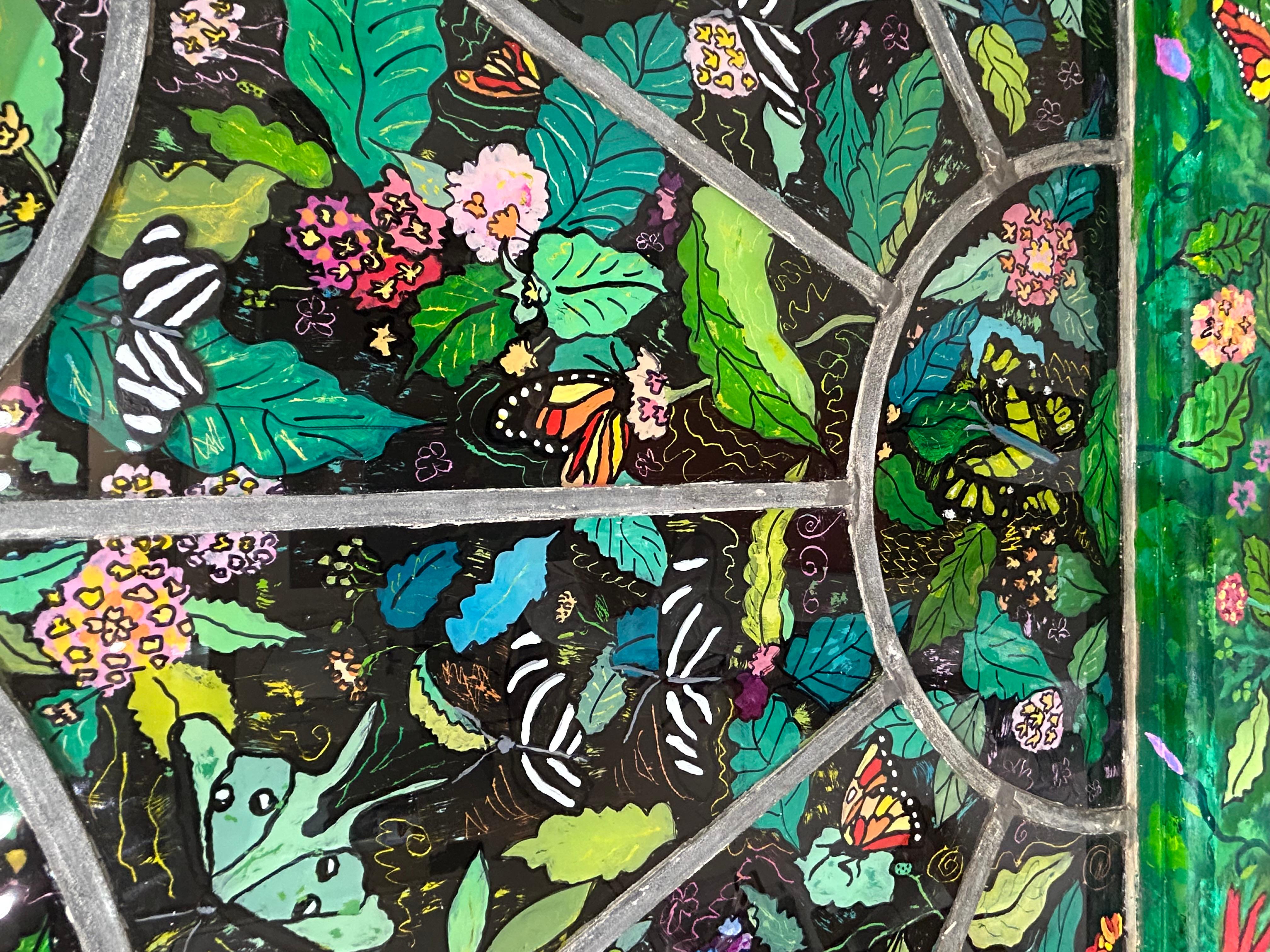 Moderne Merveilleuse peinture inversée sur vitre de papillons en vente