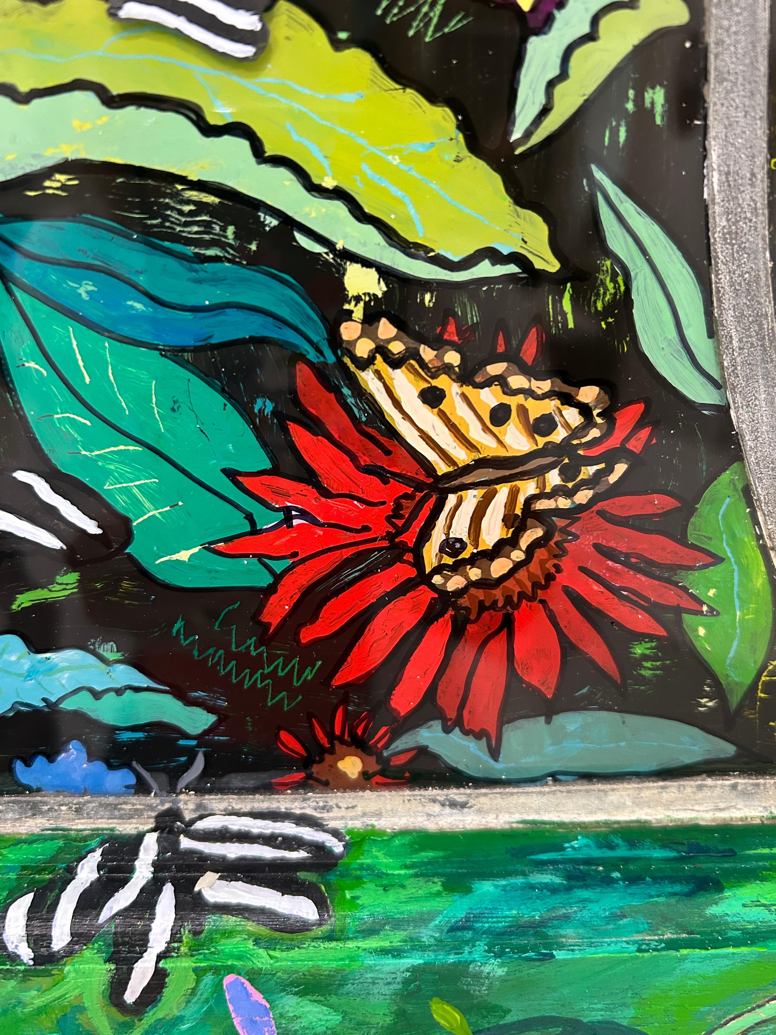 Américain Merveilleuse peinture inversée sur vitre de papillons en vente