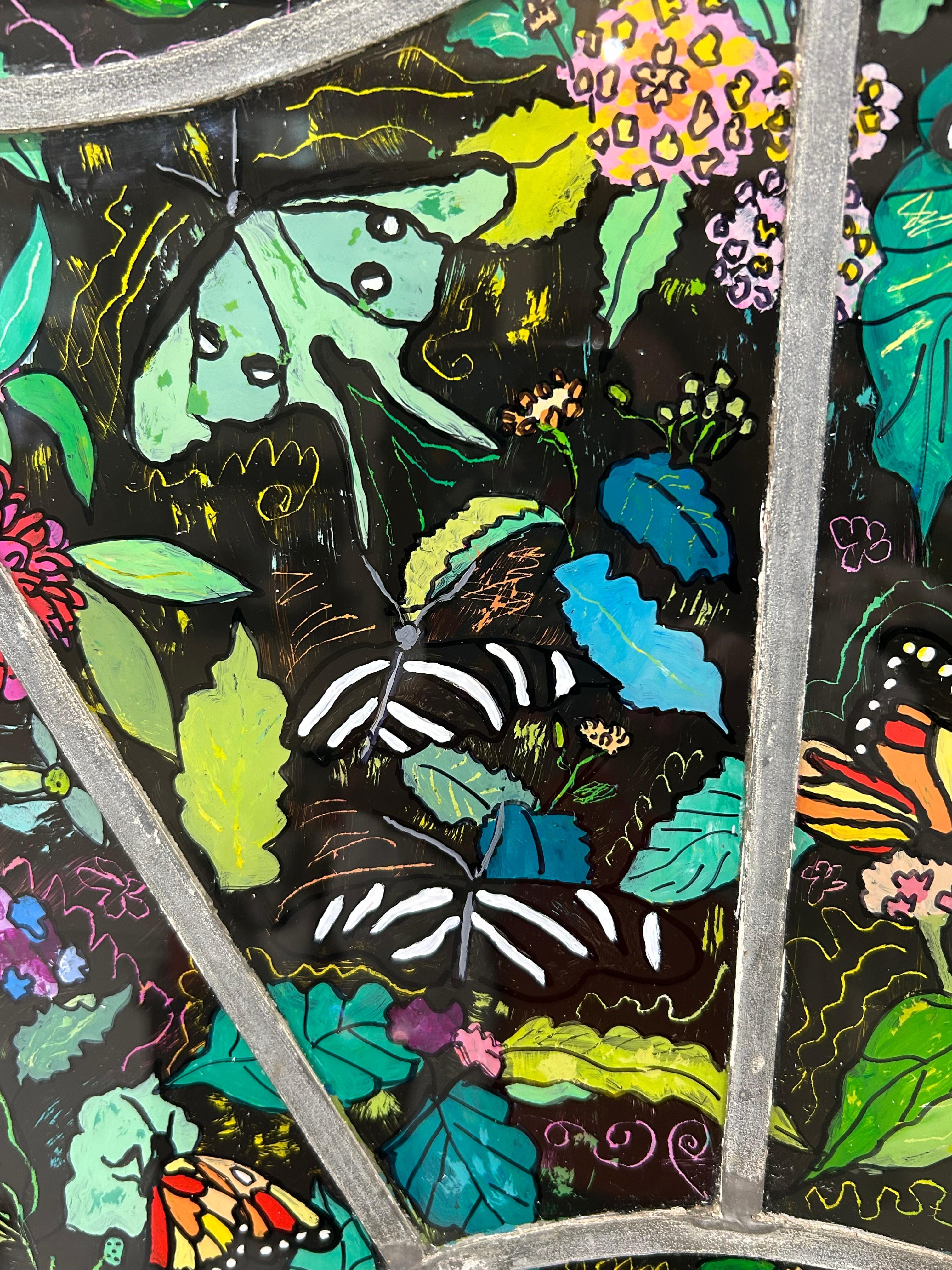 XXIe siècle et contemporain Merveilleuse peinture inversée sur vitre de papillons en vente