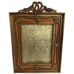 Wonderful Rich Salmon Faux Enamel Doré Bronze Ormolu Bow French Picture Frame