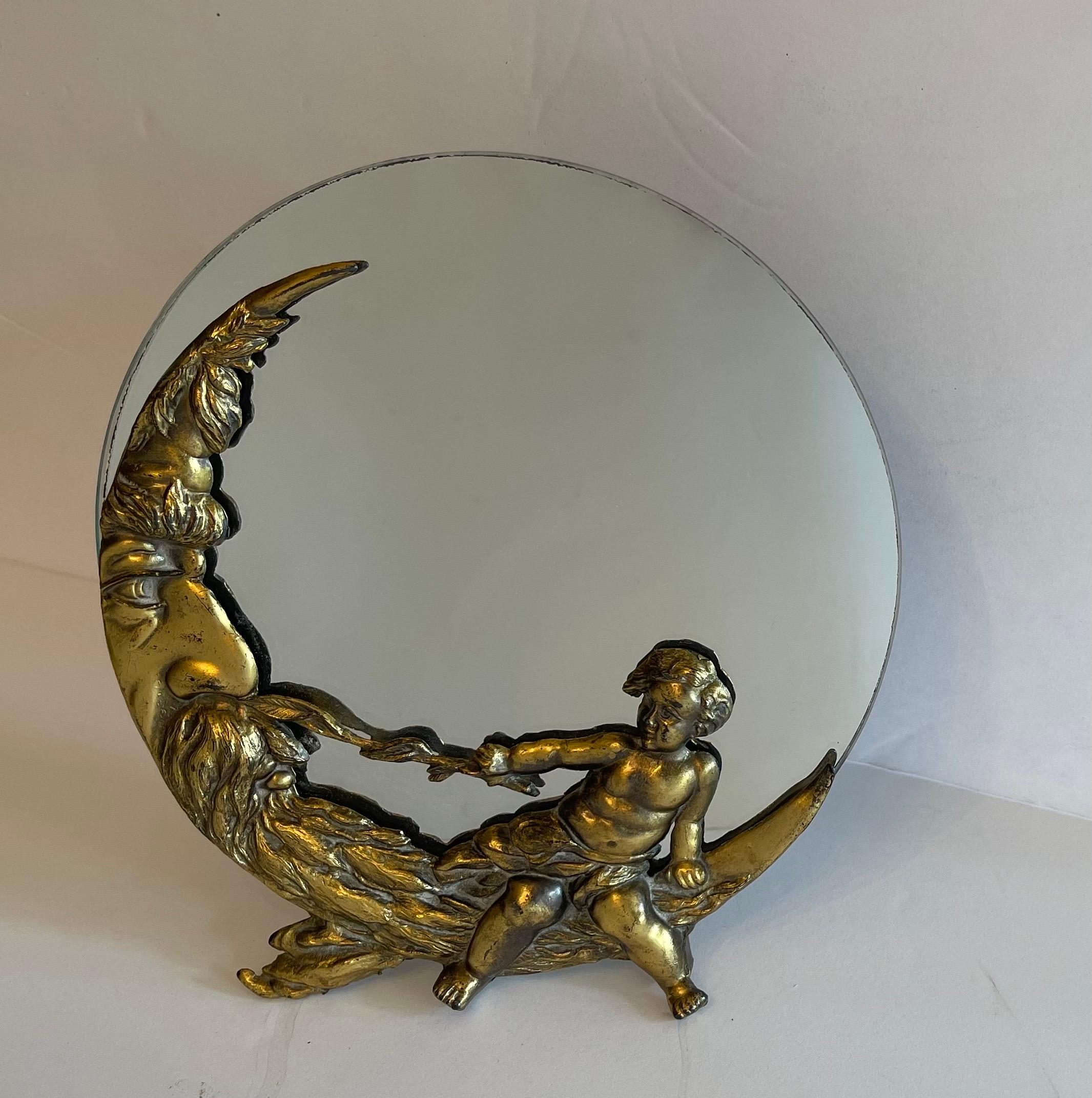 A Wonderful Rogers Silver Plate Co. Gold Gilt Cherub & Man In The Moon Vanity Table Top Mirror 