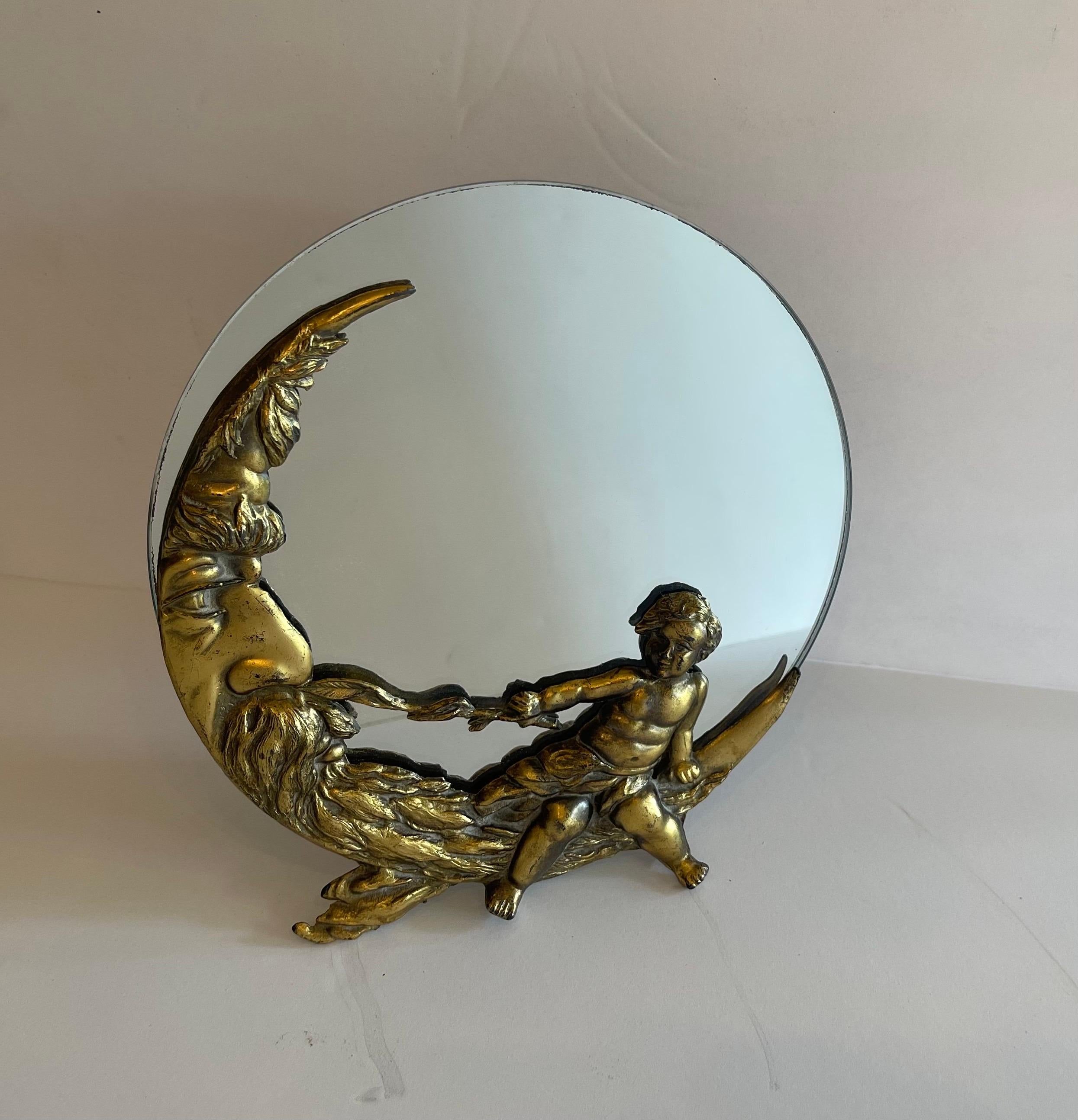 Belle Époque Wonderful Roger’s Silver Plate Co. Gold Cherub Man In The Moon Vanity Mirror For Sale