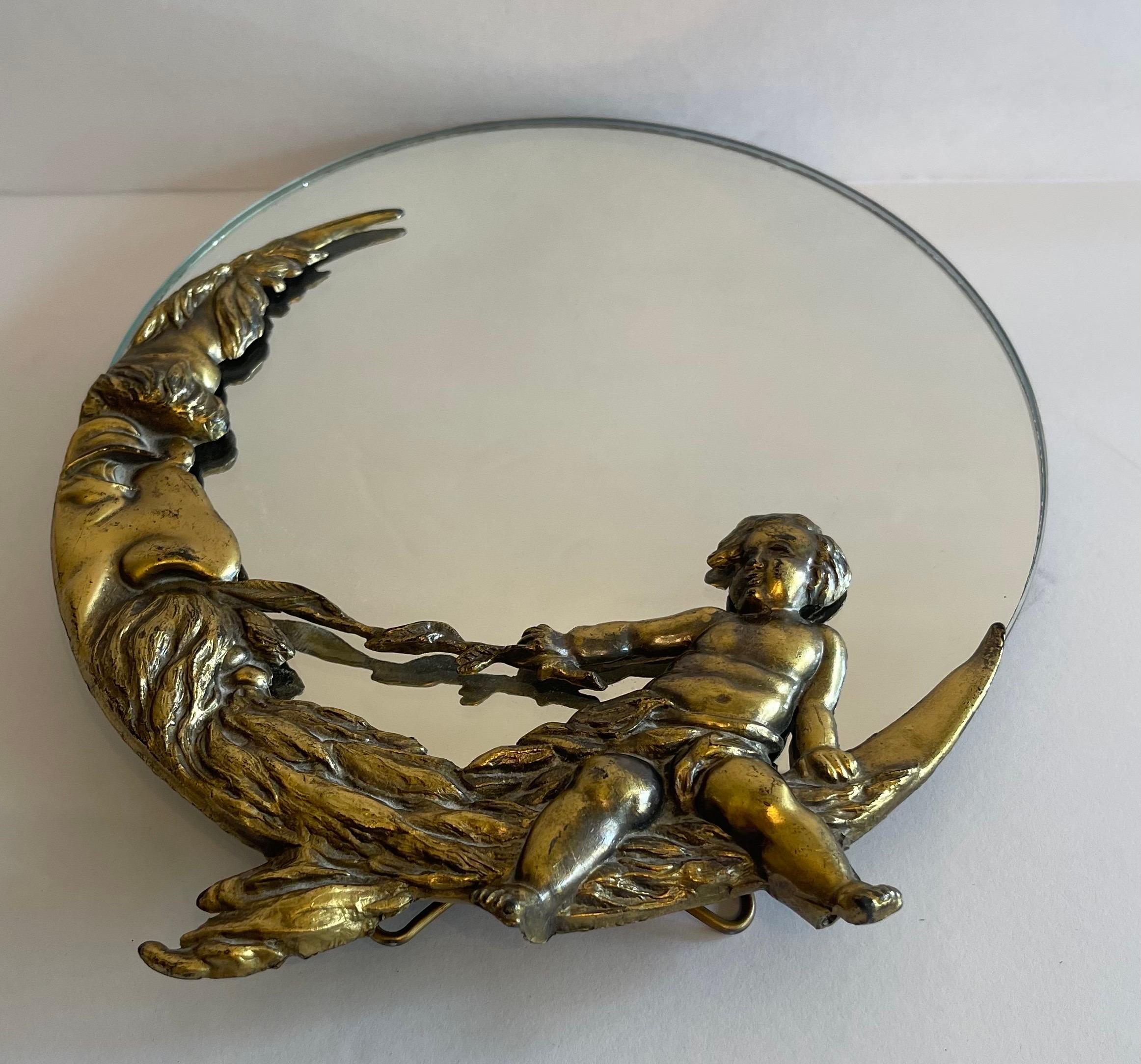 Wonderful Roger’s Silver Plate Co. Gold Cherub Man In The Moon Vanity Mirror In Good Condition For Sale In Roslyn, NY