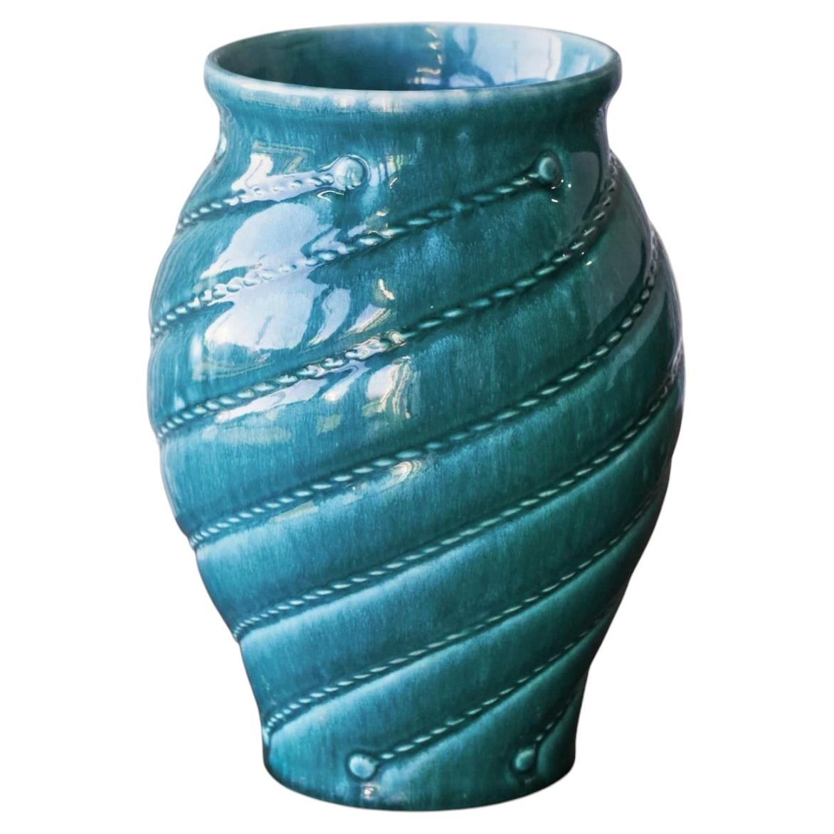 Wonderful Rope Themed Art Deco Vase in Turquoise Europe 1930s For Sale