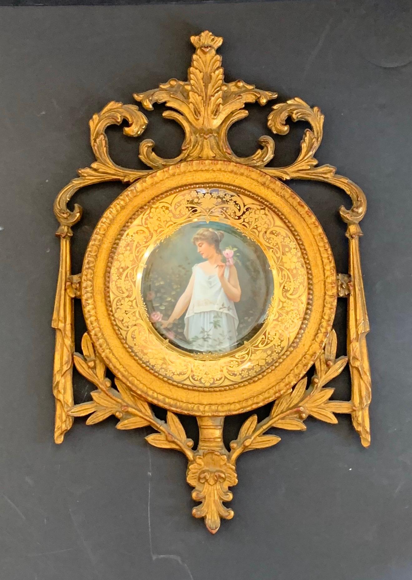 Wonderful Royal Vienna Porcelain portrait plate giltwood frame
Signed on the back Unter Rosen with a Bee Hive and Germany below.