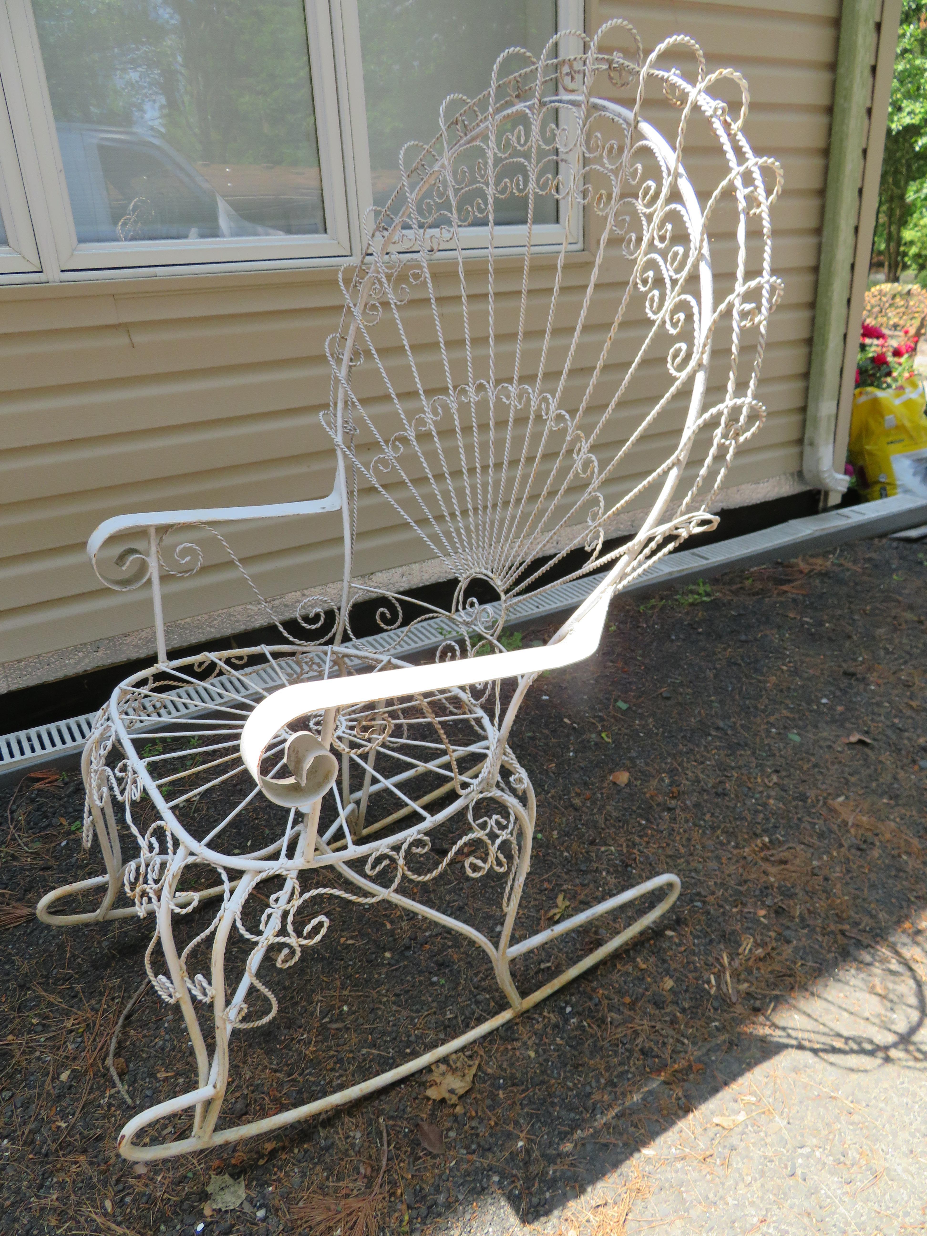 Wonderful Salterini White Wrought Iron Peacock Back Rocking Chair  For Sale 3