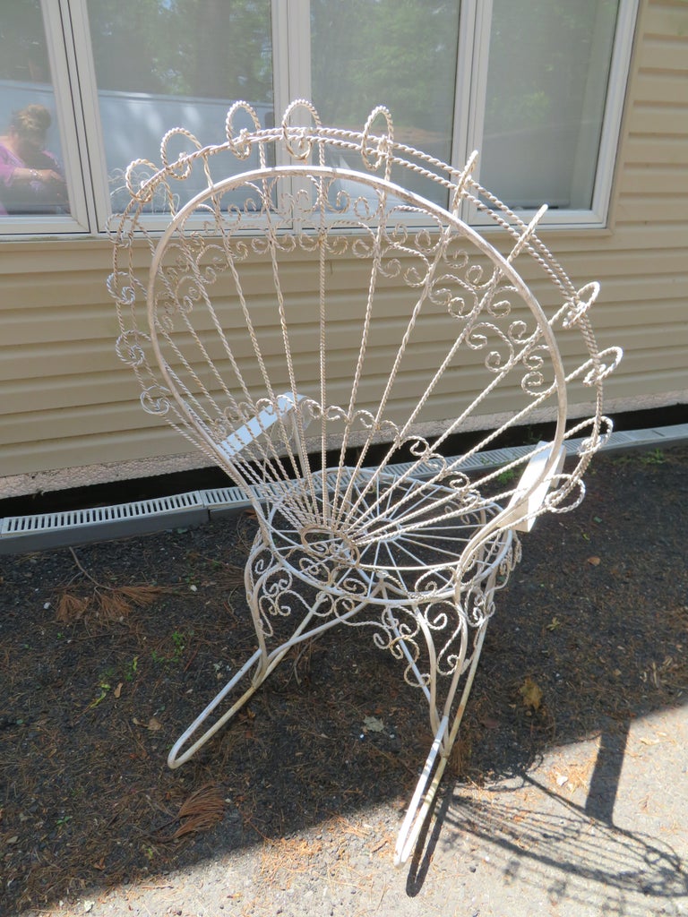 Painted Wonderful Salterini White Wrought Iron Peacock Back Rocking Chair  For Sale