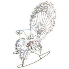 Wonderful Salterini White Wrought Iron Peacock Back Rocking Chair
