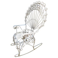 Retro Wonderful Salterini White Wrought Iron Peacock Back Rocking Chair 