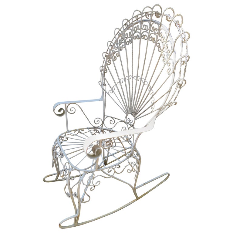 Wonderful Salterini White Wrought Iron Peacock Back Rocking Chair  For Sale