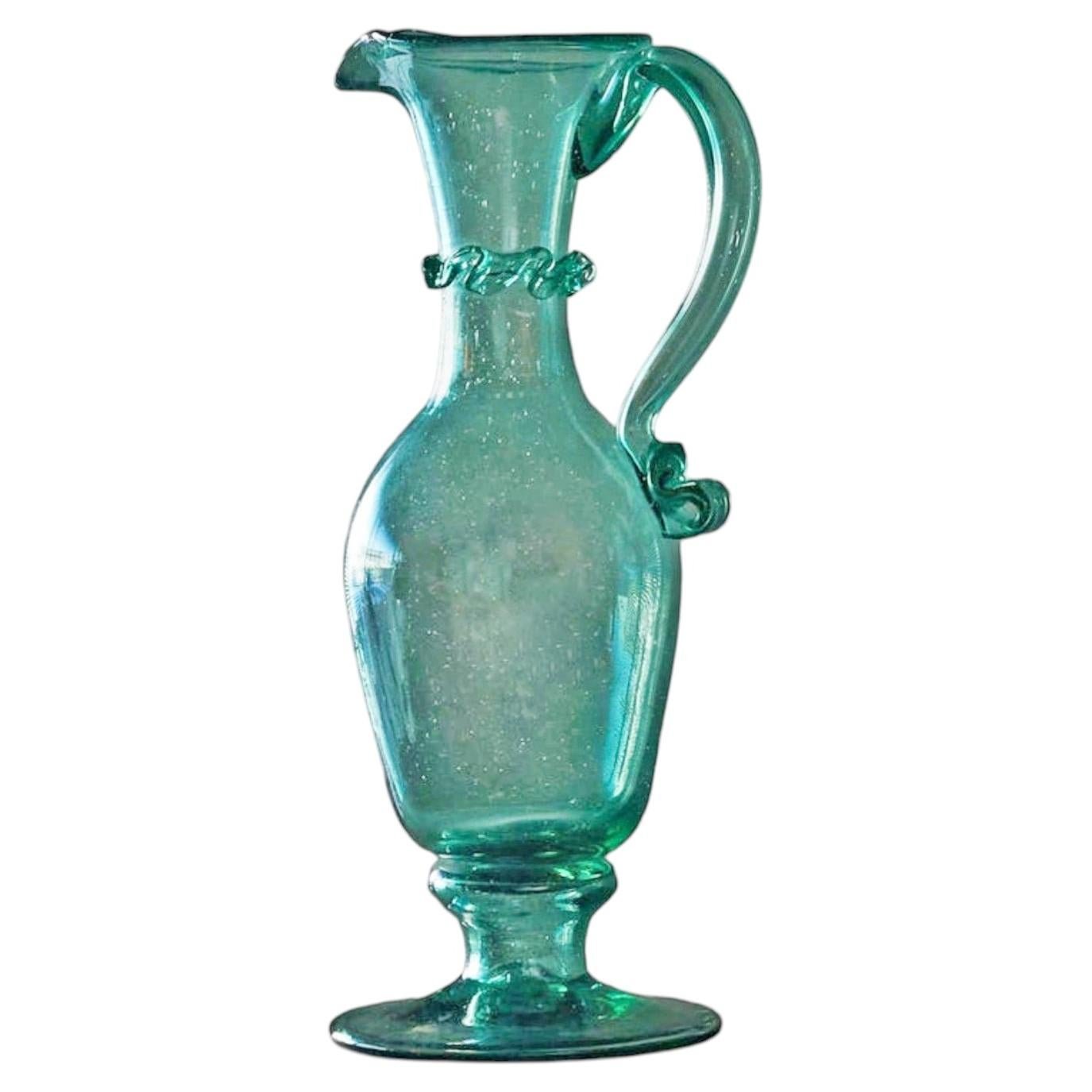 Wonderful Sea-Green Venetian Style Glass Pitcher in Hand Blown Art Glass
