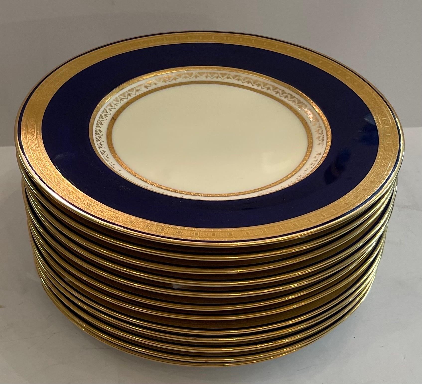 Regency Wonderful Service 12 Dinner Plates Minton Cobalt Blue Raised Gilt Medallion