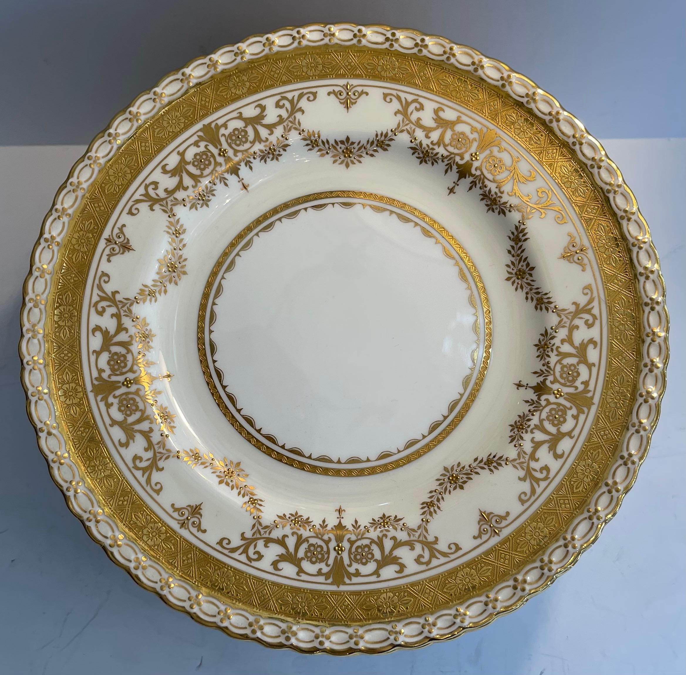 A Wonderful Service Of 12 Minton Raised Gold Hand Painted Dinner Plates Retailed By Ovington's New York, Seem To Have Never Been Used Some Retaining Original Sticker. 
