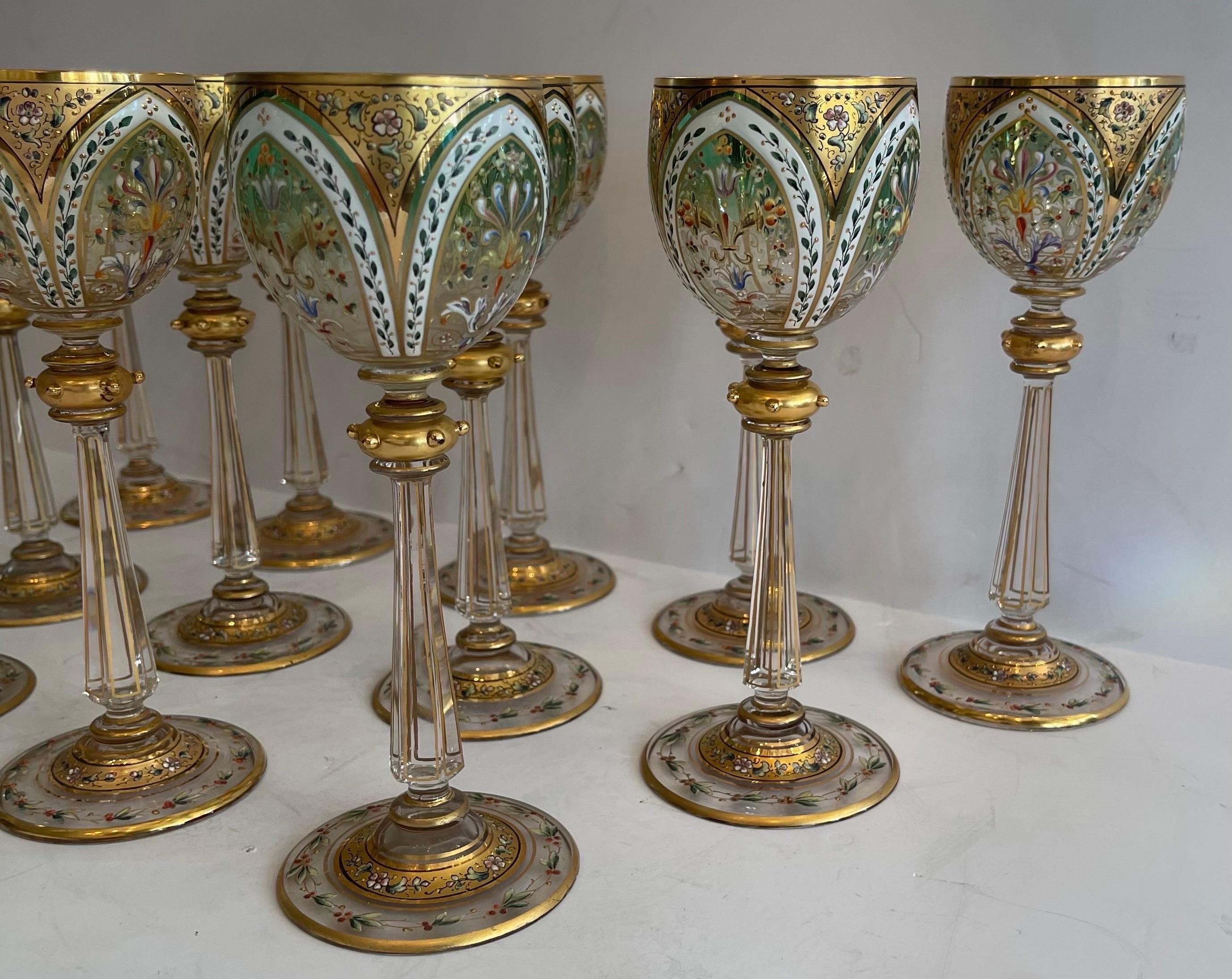 A Wonderful Service Of 12 Moser Aesthetic Hand Painted Enameled Flower Bouquet Cut To Clear Crystal Glasses, One With Tiny Flea Bite.
In Excellent Unused Collectors Condition.