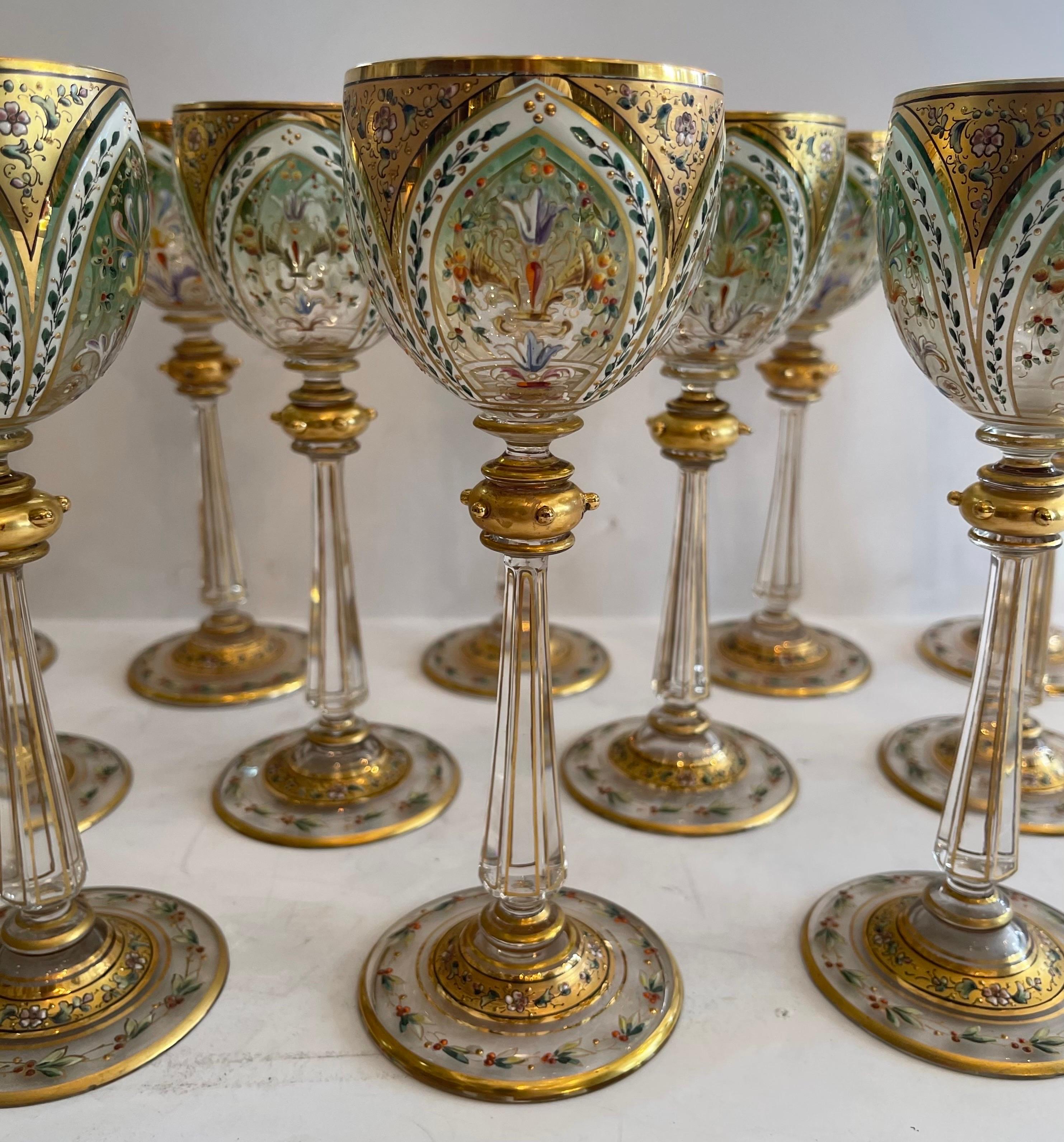Wonderful Service 12 Moser Aesthetic Enameled Flower Bouquet Cut Crystal Glasses In Good Condition In Roslyn, NY