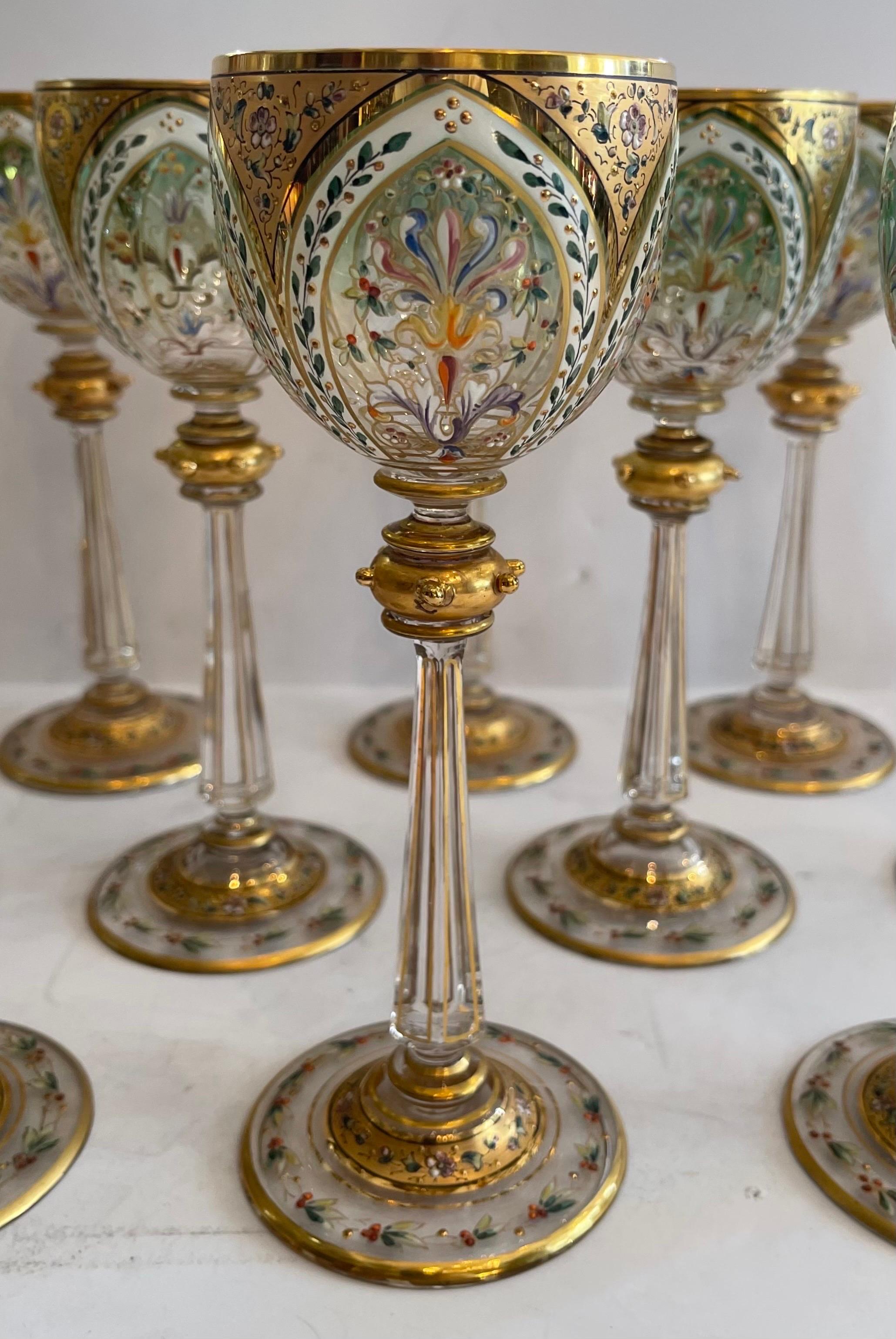 Early 20th Century Wonderful Service 12 Moser Aesthetic Enameled Flower Bouquet Cut Crystal Glasses