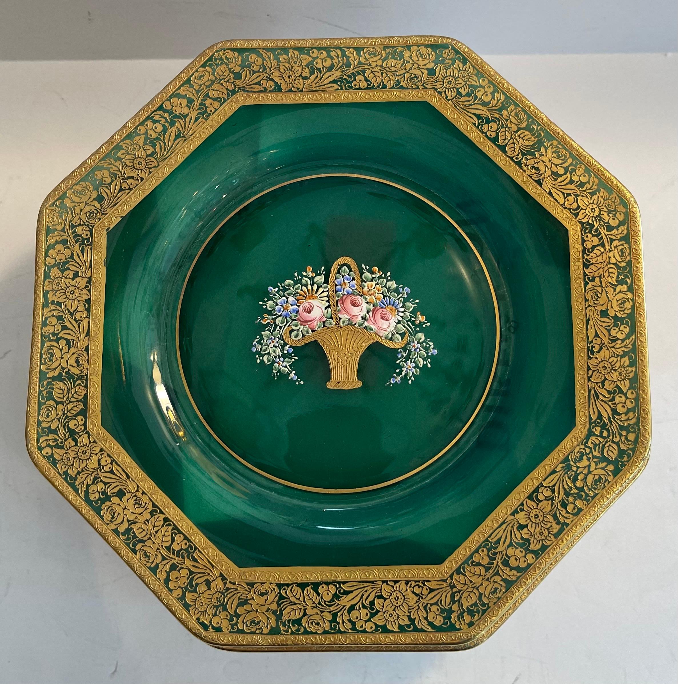 A Wonderful Service Of 12 Moser Raised Gold Hand Painted Green Glass Dessert Plates 