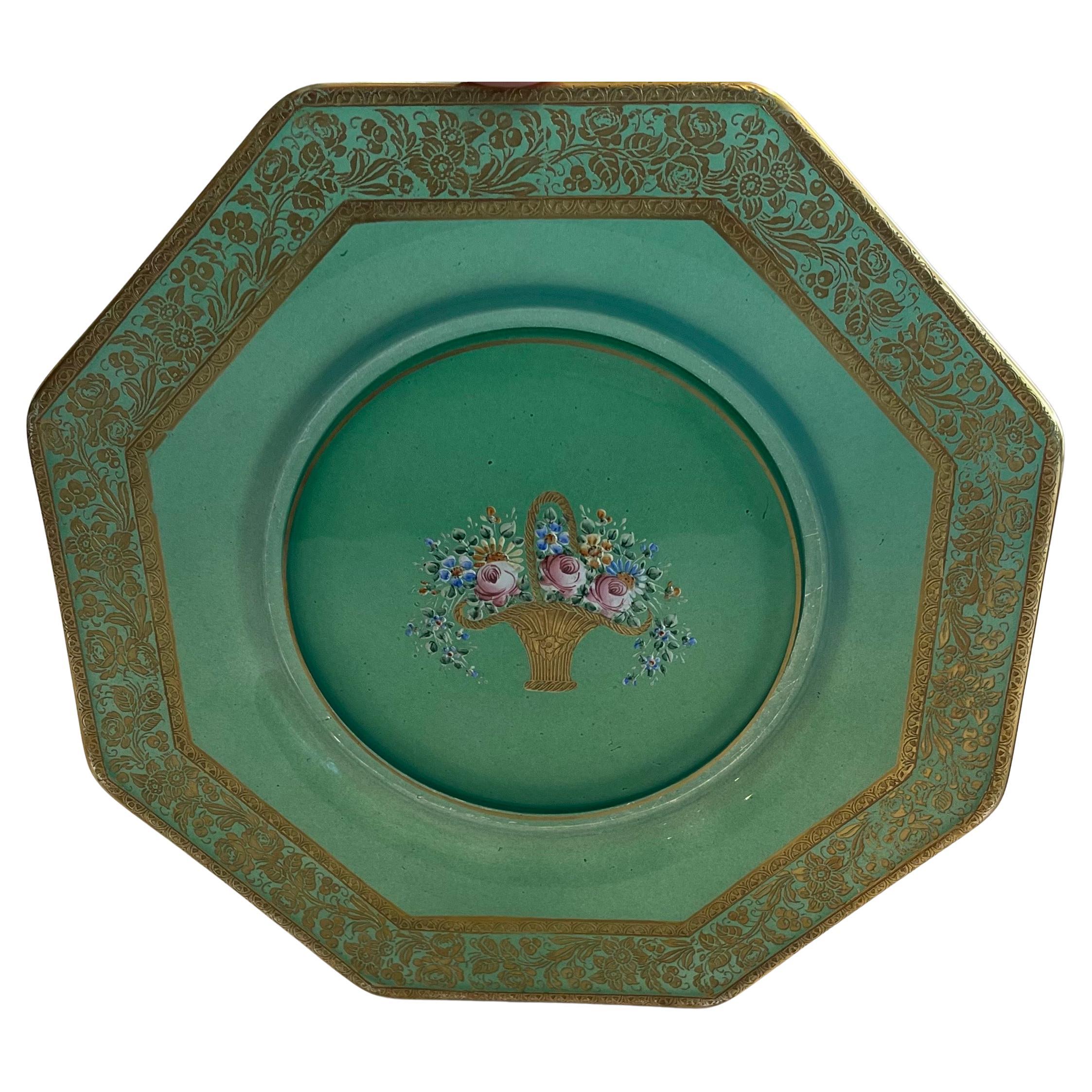 Enameled Wonderful Service 12 Moser Raised Gold Hand Painted Green Glass Dessert Plates  For Sale