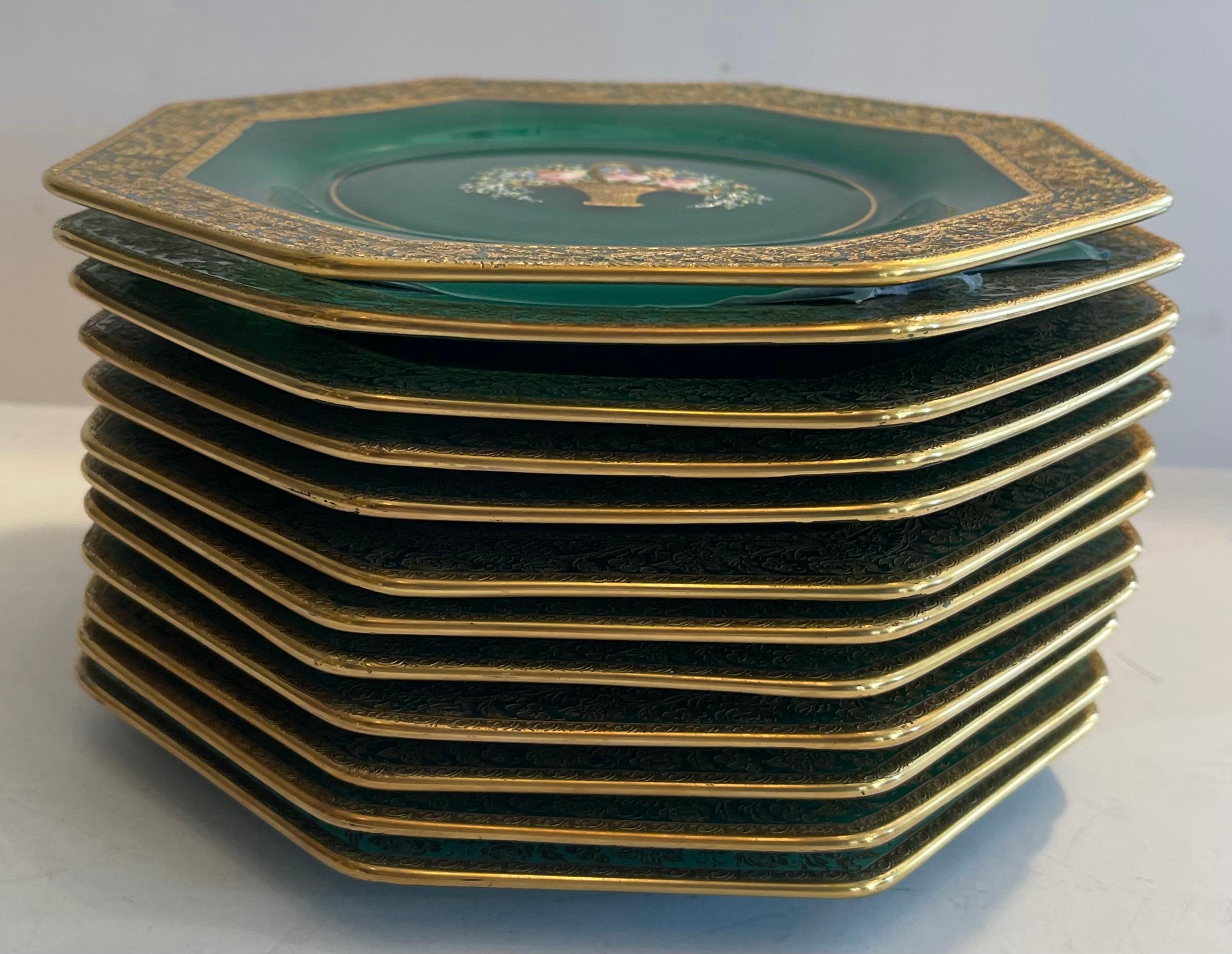 Wonderful Service 12 Moser Raised Gold Hand Painted Green Glass Dessert Plates  In Good Condition For Sale In Roslyn, NY