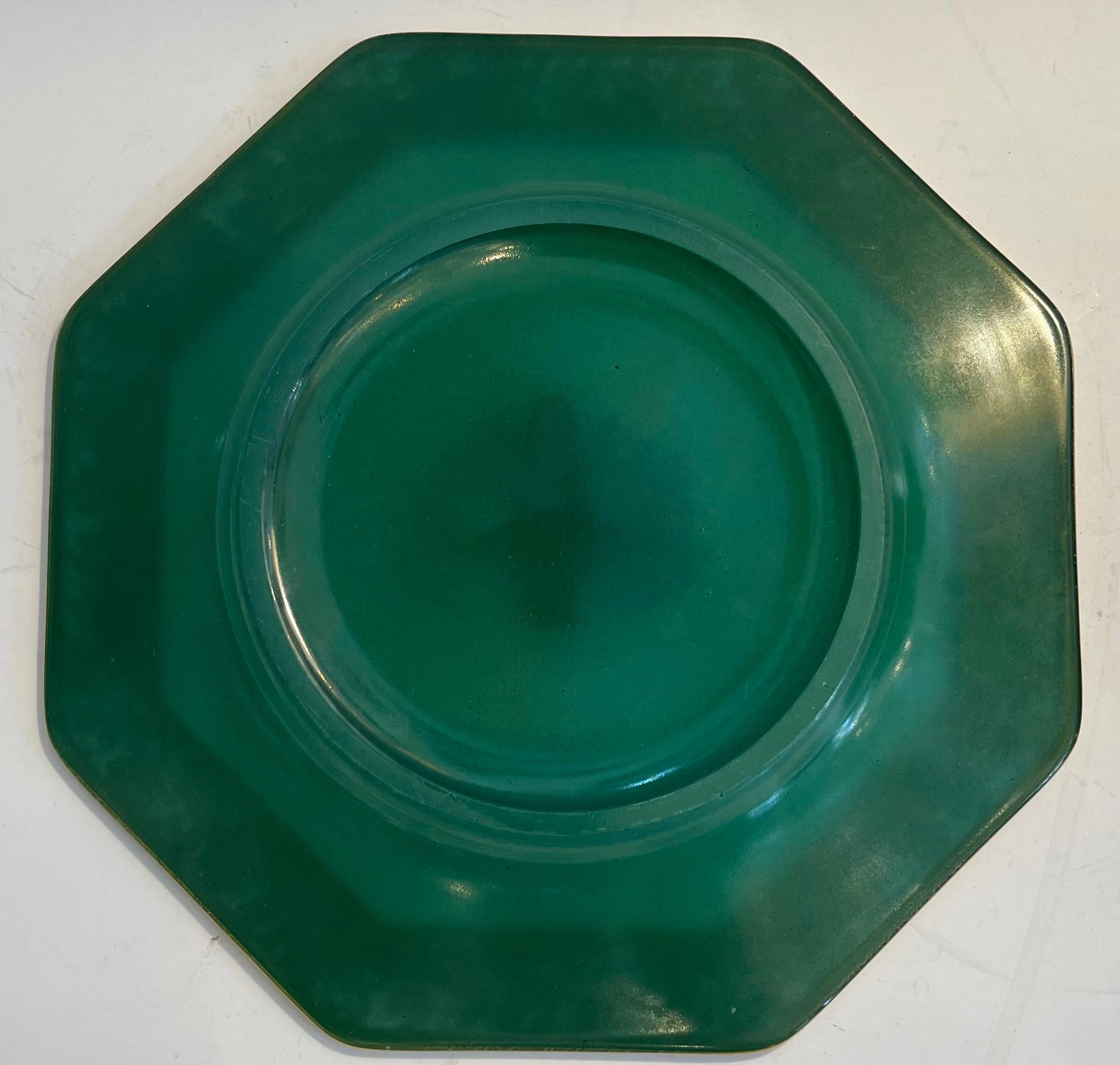 20th Century Wonderful Service 12 Moser Raised Gold Hand Painted Green Glass Dessert Plates  For Sale
